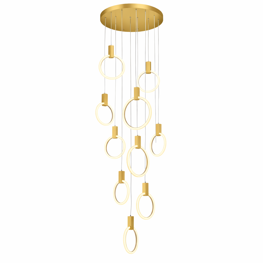 Formby modern LED ring staircase chandelier cascading down a luxury residential hallway, casting a warm and elegant glow.