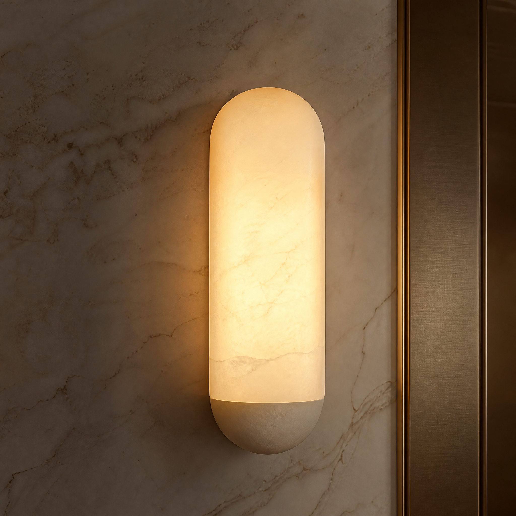 Macro view of the Formello wall light showcasing the rich veining and clean lines of the premium curved marble.