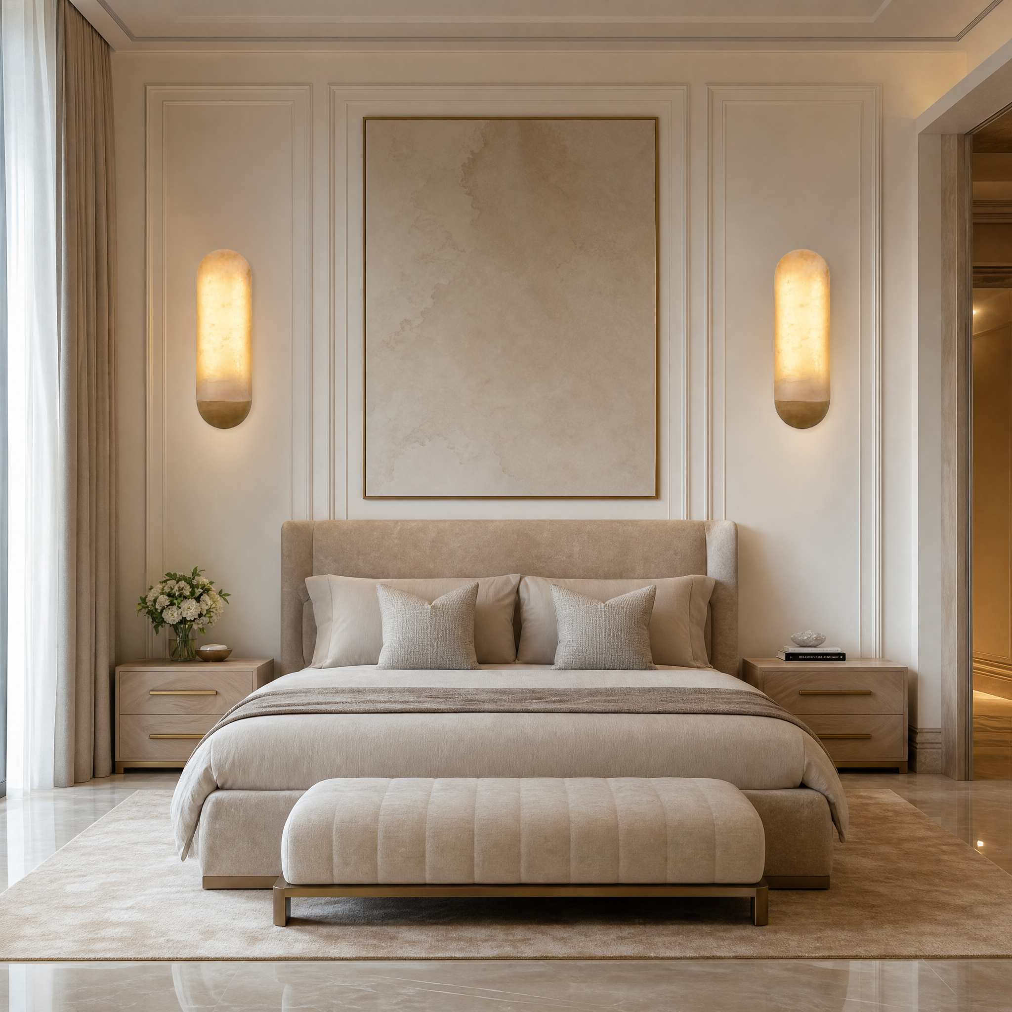 Formello luxury marble wall light installed in a contemporary residential living room, diffusing soft ambient light.