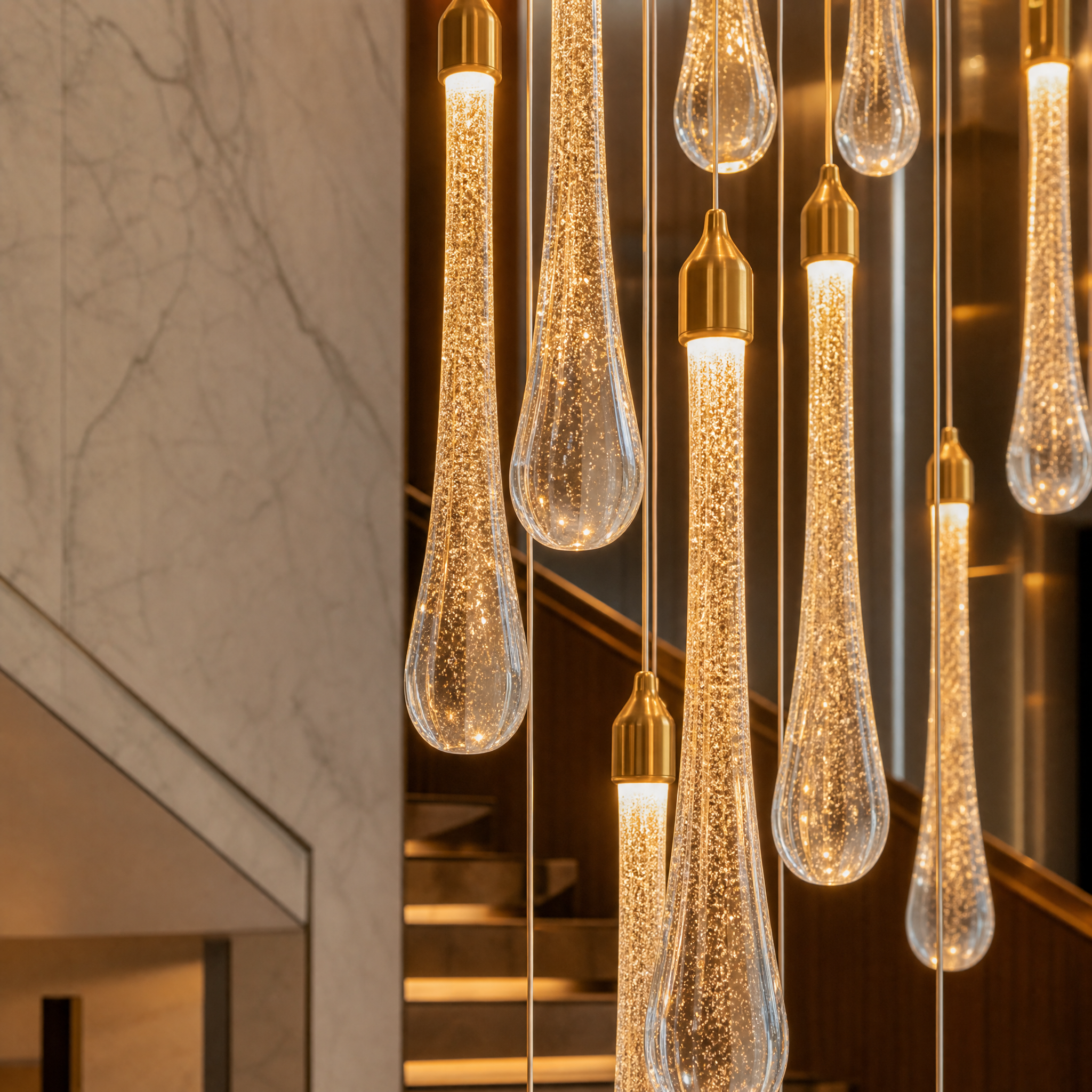 Close-up detail of the VORELLI Foshan chandelier showing the exquisite crystal teardrops infused with delicate bubbles and texture.