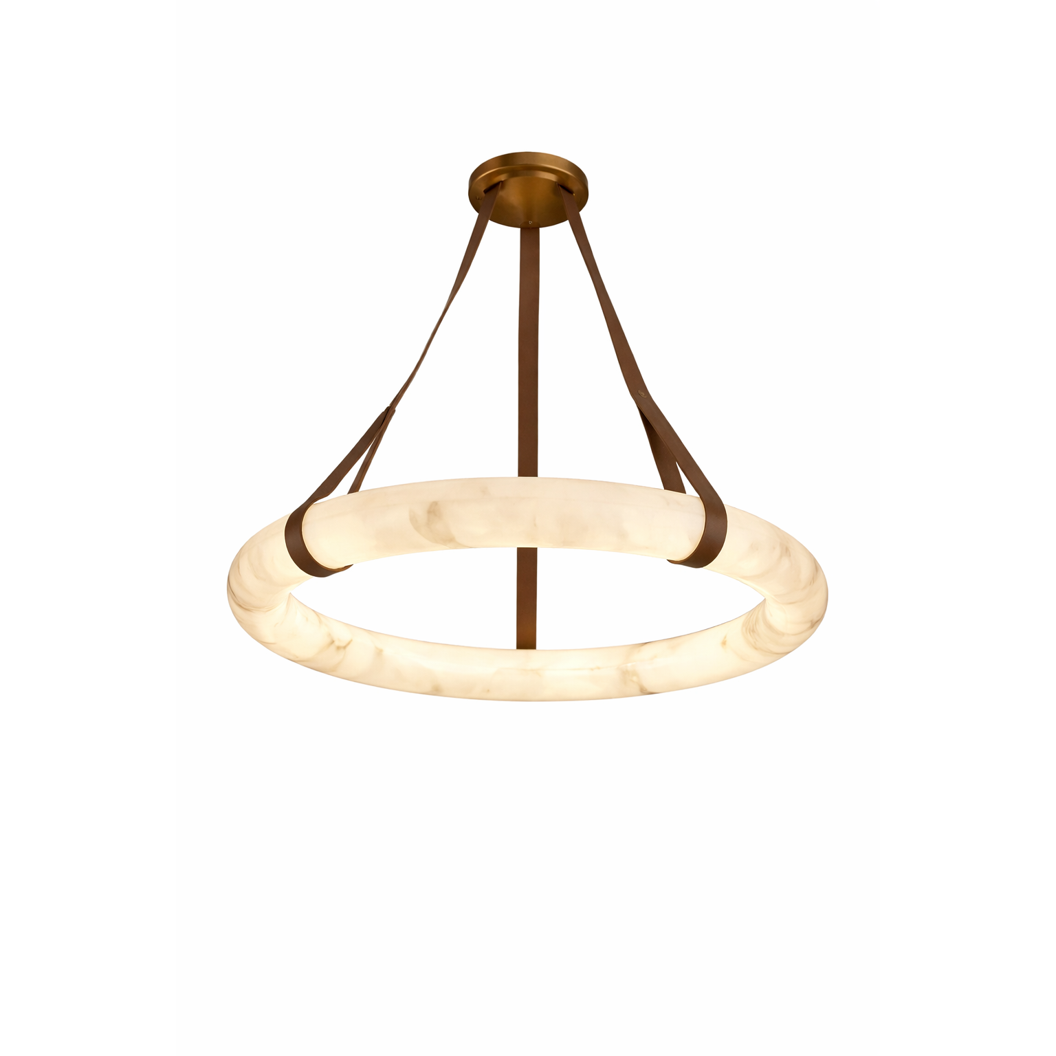Full view of the Botticino marble circular chandelier highlighting the natural stone veining and minimalist silhouette.