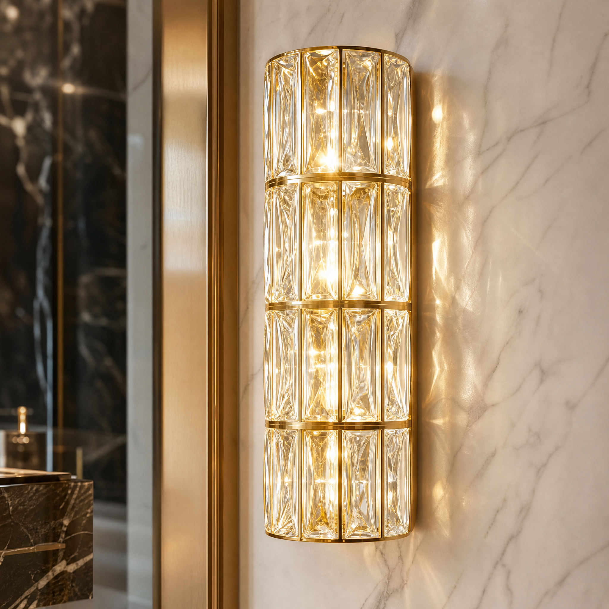Macro closeup of the VORELLI Gaia Wall Light highlighting the intricate details of its exquisite diamond-cut rectangular crystals.