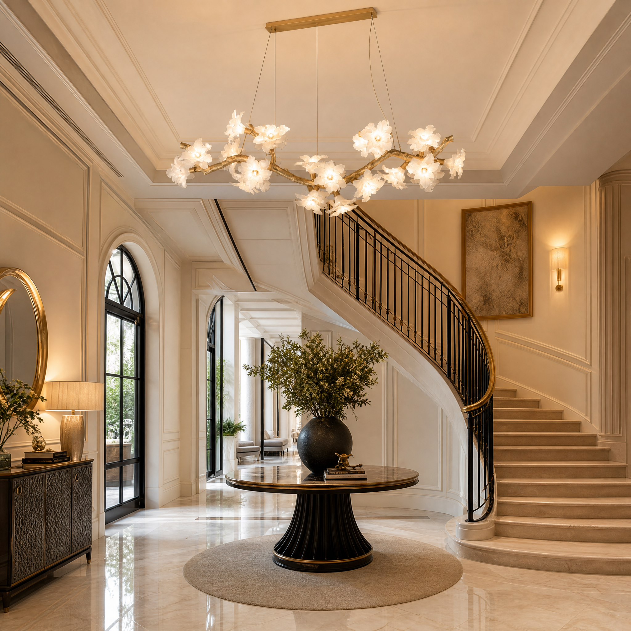 An upscale hotel lobby featuring the elegant VORELLI Gardenia Rectangular Chandelier, providing a sophisticated and artistic presence.
