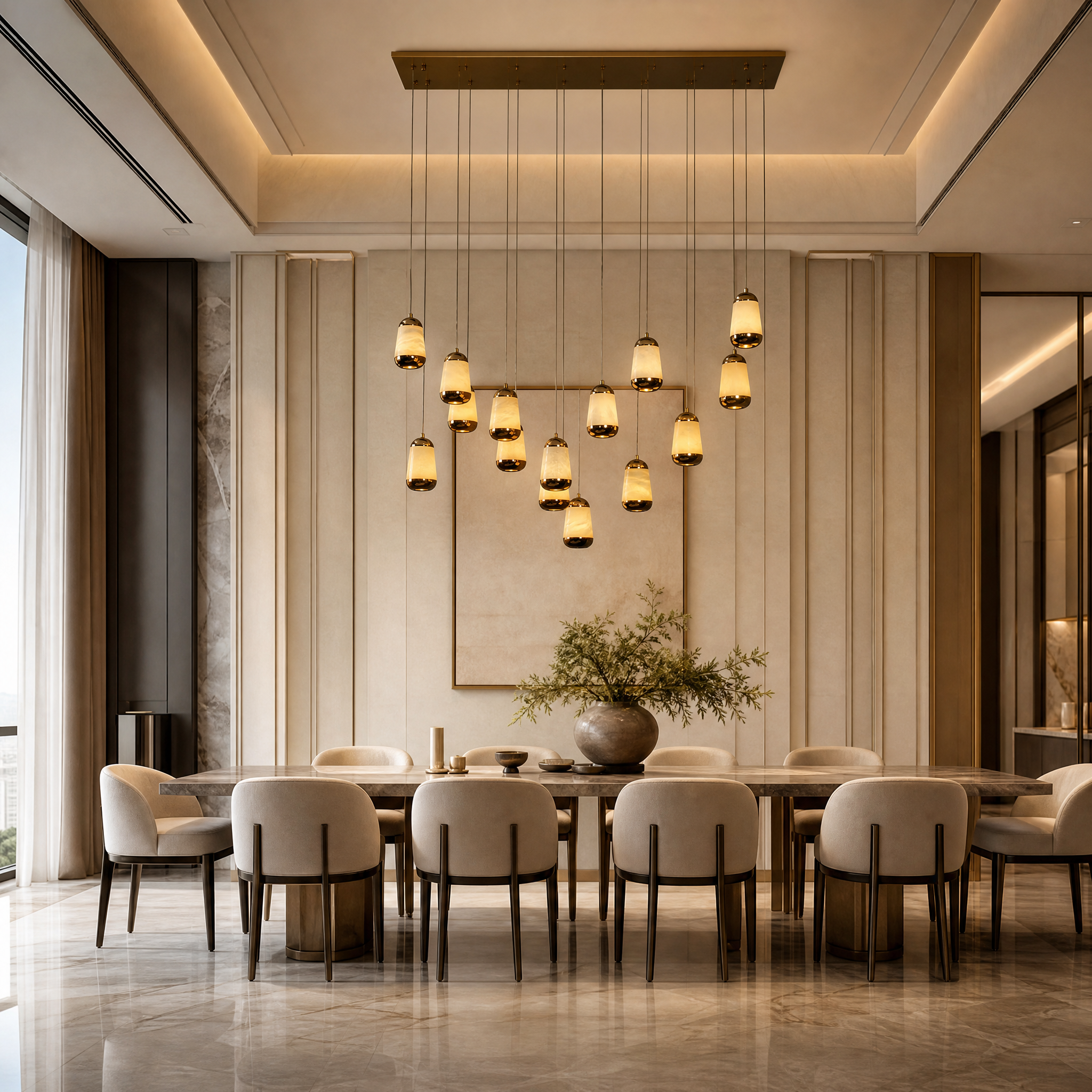 The VORELLI Giovanni Marble Rectangular Chandelier illuminating a luxury residential dining room, highlighting its graceful teardrop marble-effect forms and classic modern design.