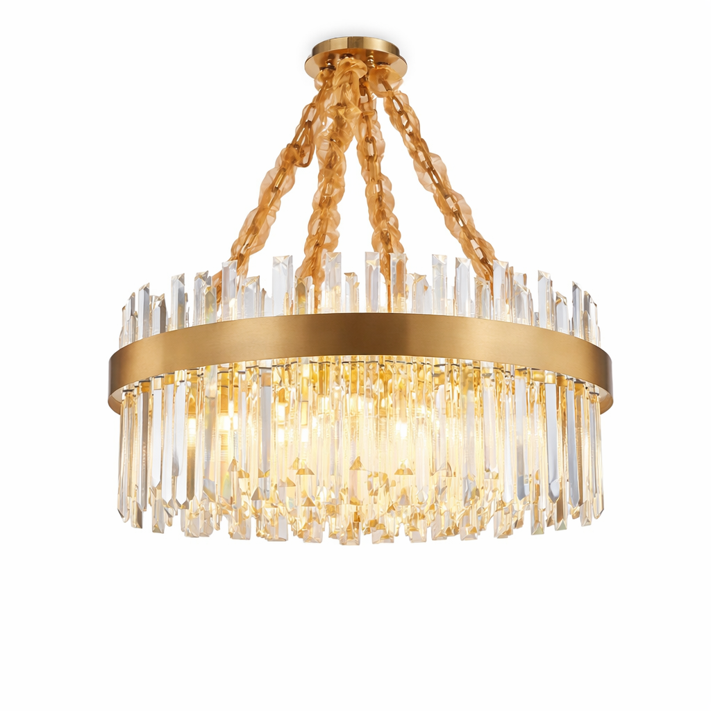 Glamorous close-up of the Williston circular chandelier, highlighting the intricate refraction of light through individual luxury crystal bars.