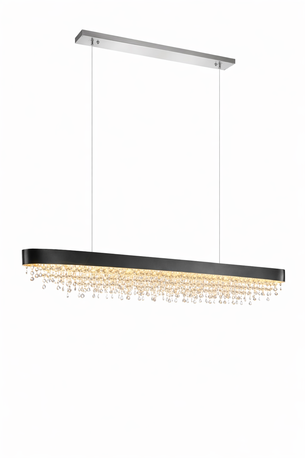 Glamorous mood shot of the VORELLI Donatello rectangular chandelier highlighting the vibrant amber and pink crystal reflections.