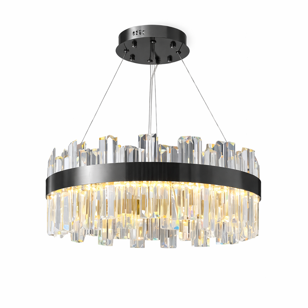 Glamourous ambiance created by the VORELLI Medina Circular Chandelier, emphasizing the brilliant refraction from the top and bottom protruding crystals.