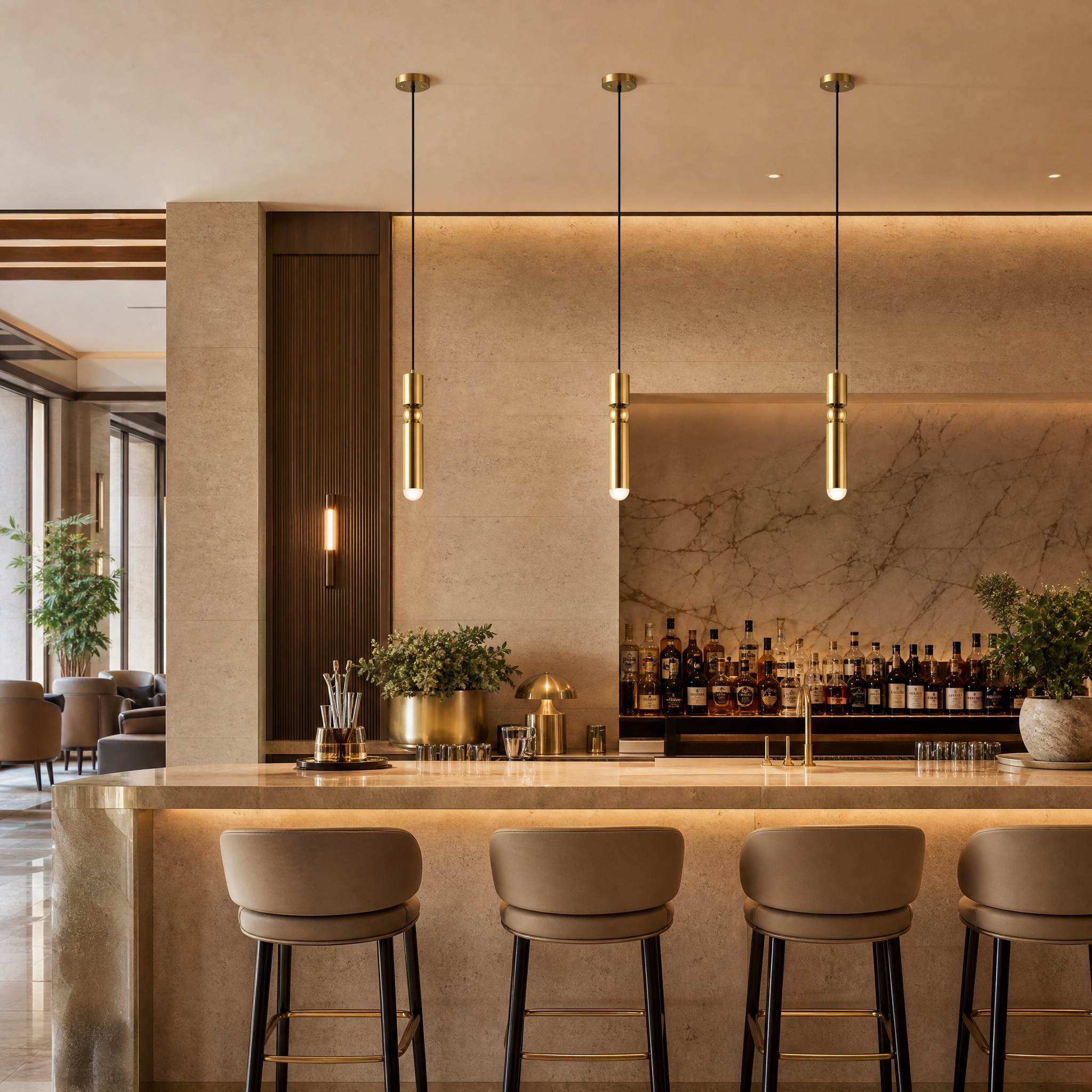 Sleek VORELLI Gombe modern cylindrical pendant lights installed in a luxury boutique hotel lounge for a sophisticated ambiance.