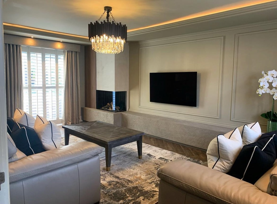 VORELLI® Gotham circular chandelier installed in a luxury living room interior