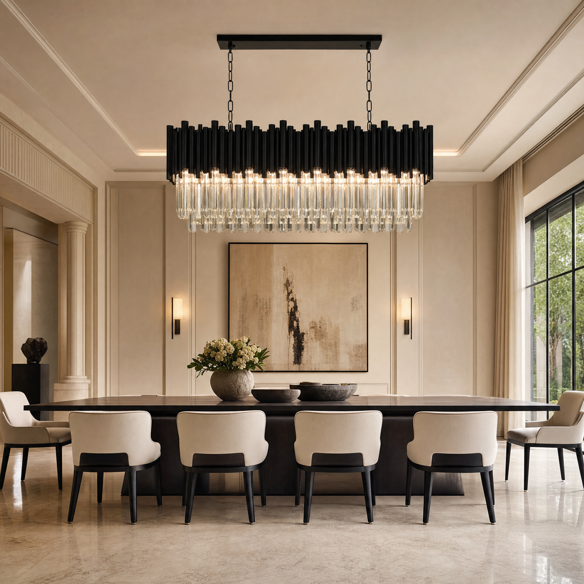 The VORELLI Gotham Rectangular Chandelier illuminating a contemporary luxury dining room, casting a warm glow over a sleek dining table setup.
