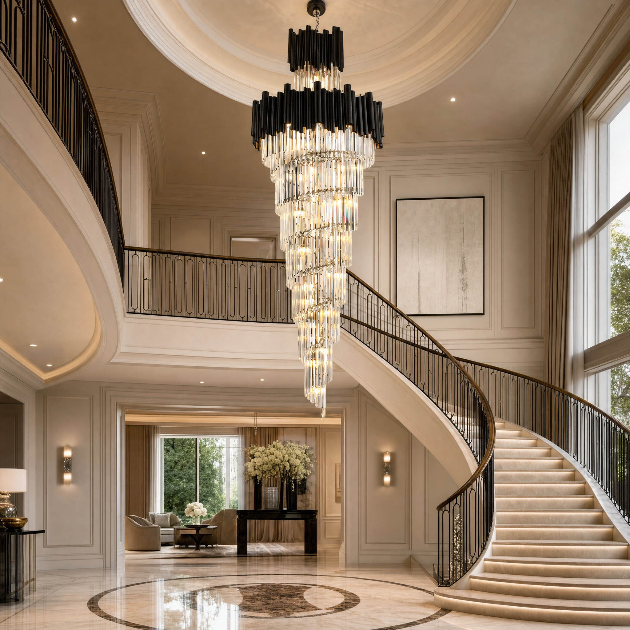 VORELLI Gotham spiral staircase chandelier illuminating a grand residential foyer with dramatic crystal bar detailing and opulent warm light.