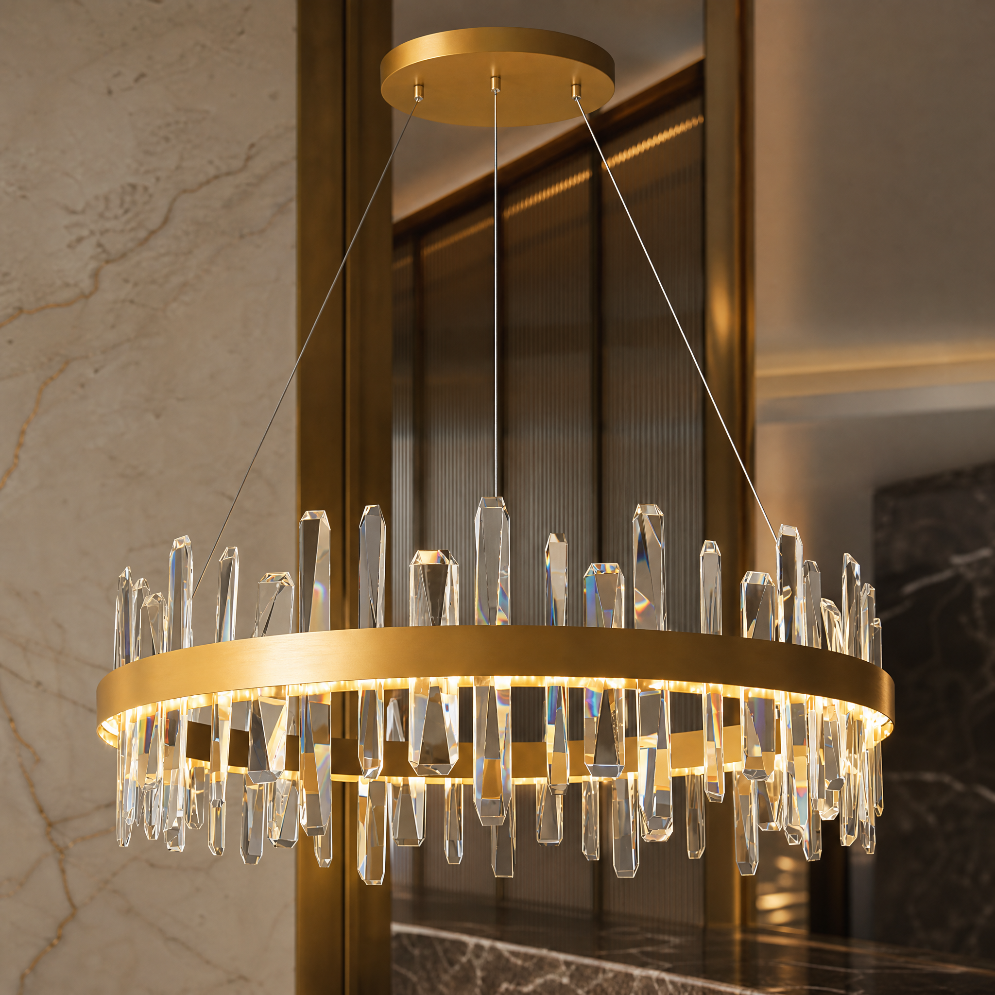 A detailed closeup of the VORELLI Grantchester Circular Chandelier, showcasing the varying sizes of thick luxury vertical crystals and polished stainless steel frame.