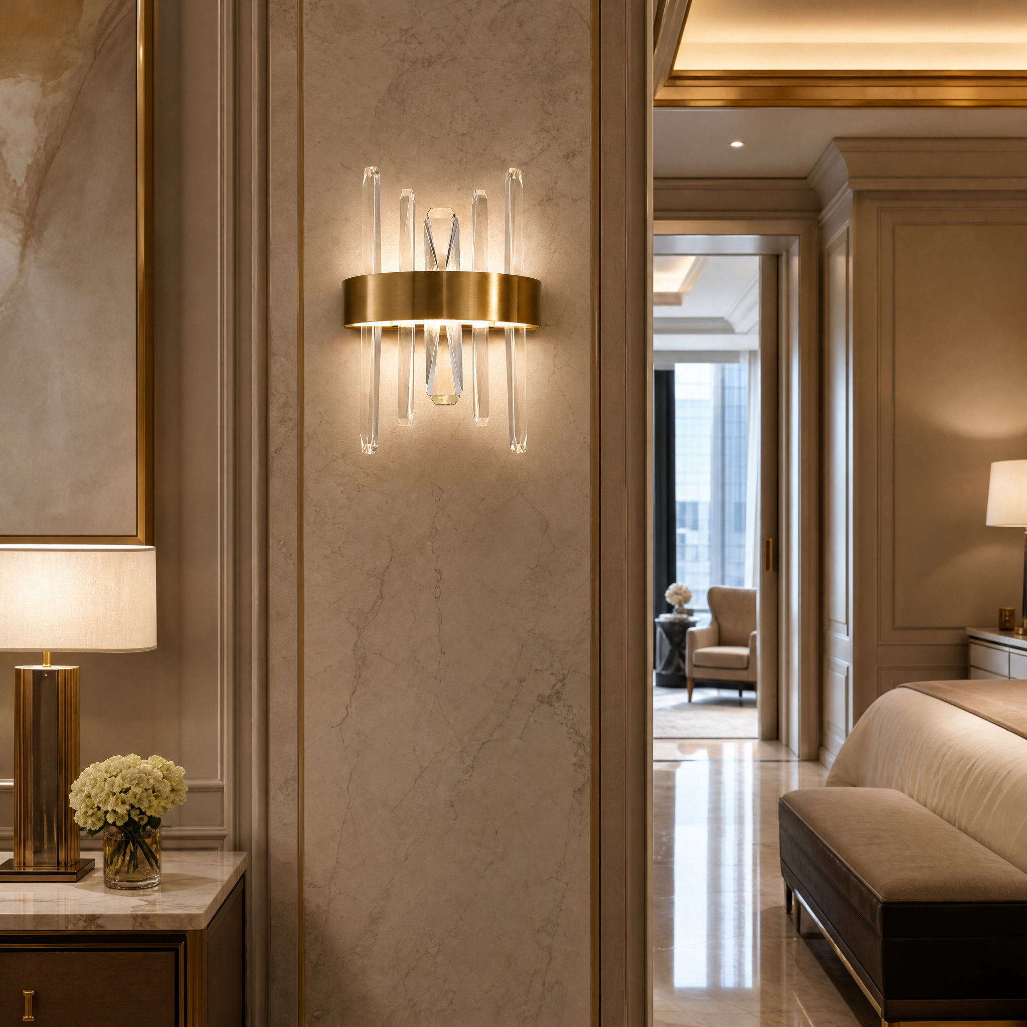 A pair of VORELLI Grantchester crystal wall sconces providing elegant ambient lighting along a high-end hotel hospitality corridor.