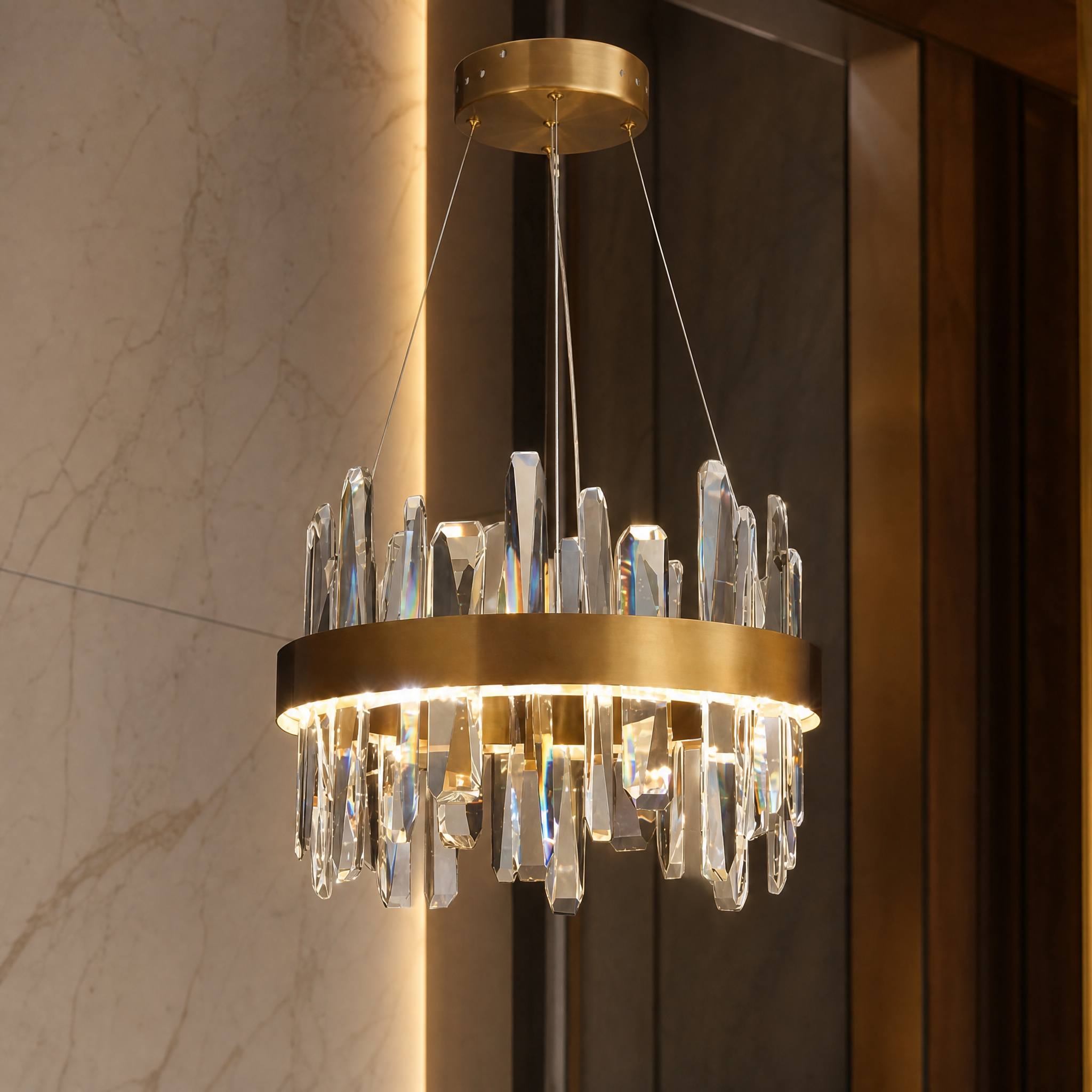 Detailed closeup of the handcrafted crystal texture and polished finish on the Grantchester Pendant.