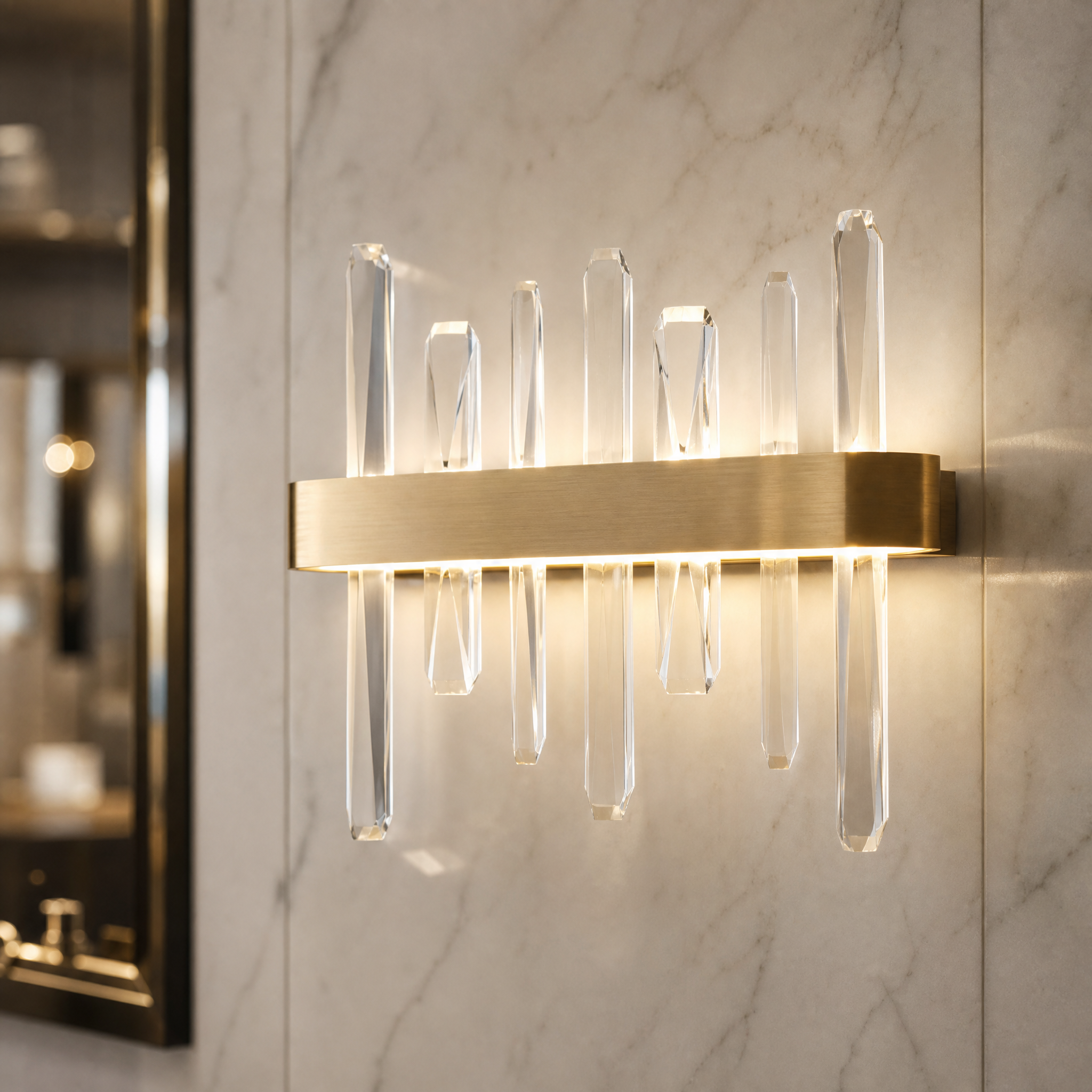 A detailed closeup of the VORELLI Grantchester Wall Light II, highlighting the vertical diamond cut crystals and premium stainless steel frame.
