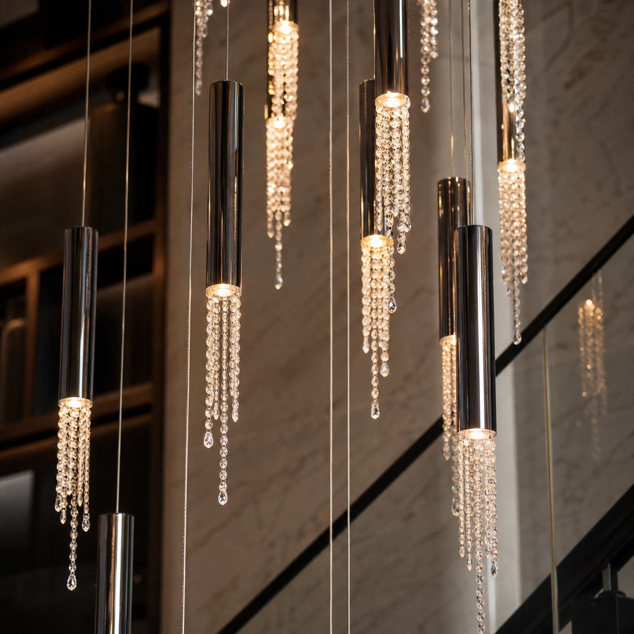 Close up view of VORELLI Grosvenor chandelier showcasing precision diamond cut octagon crystal chains.