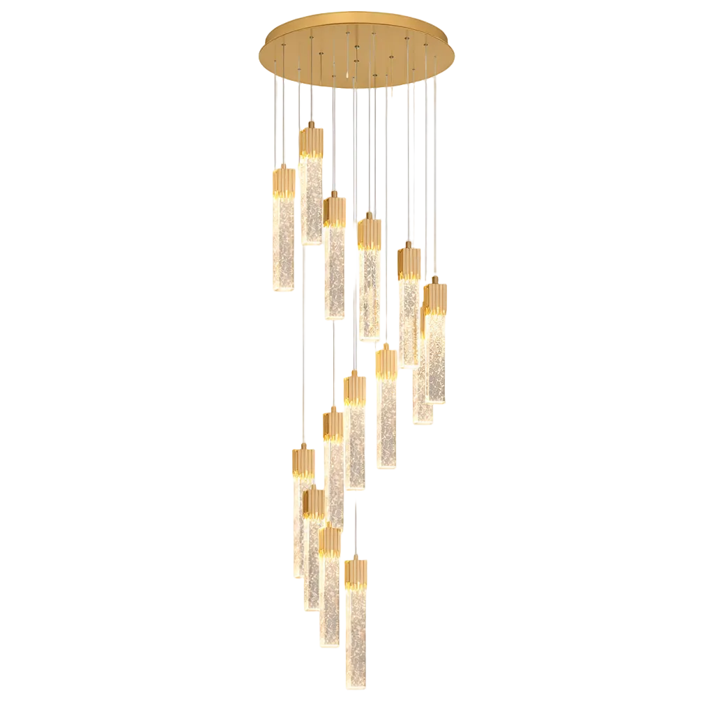 Halstead pendant chandelier cascading over a staircase with glowing crystal accents.