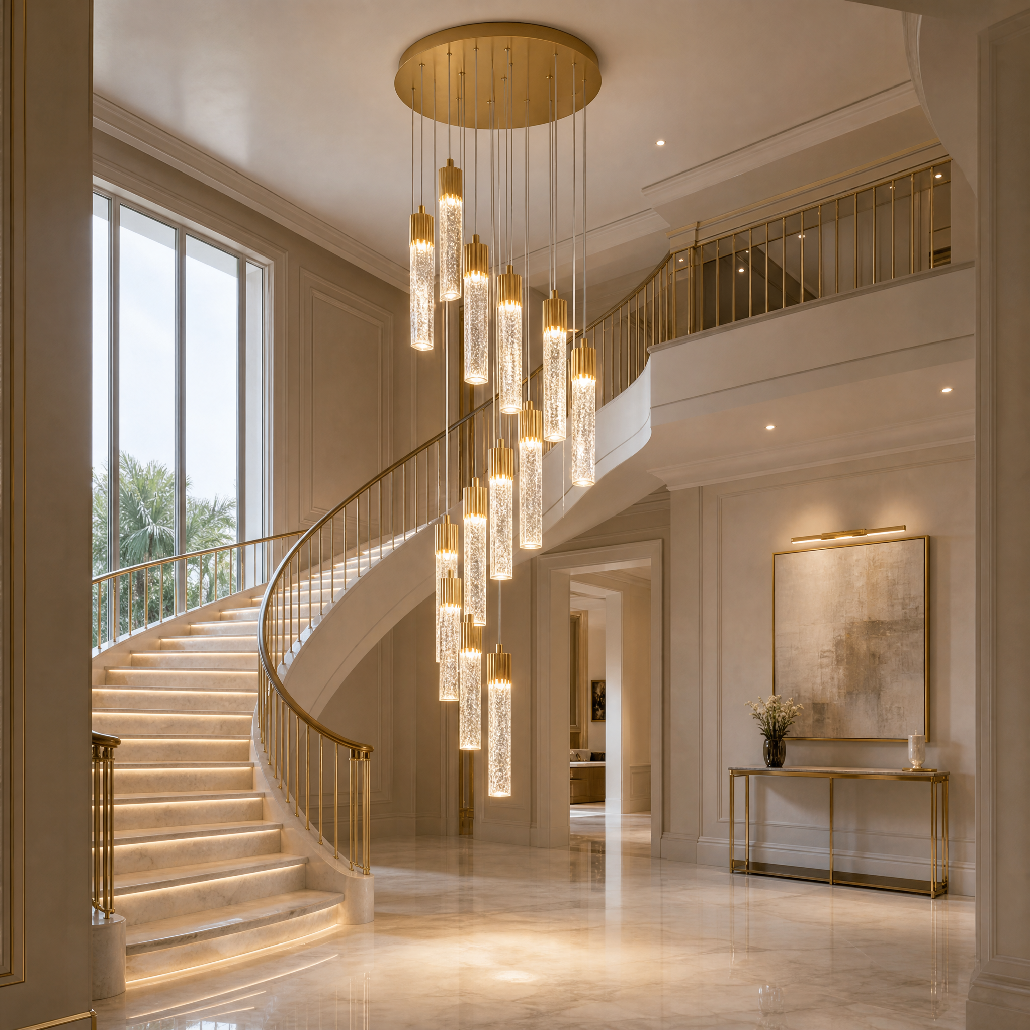 VORELLI Halstead pendant staircase chandelier installed in a luxury home entryway.