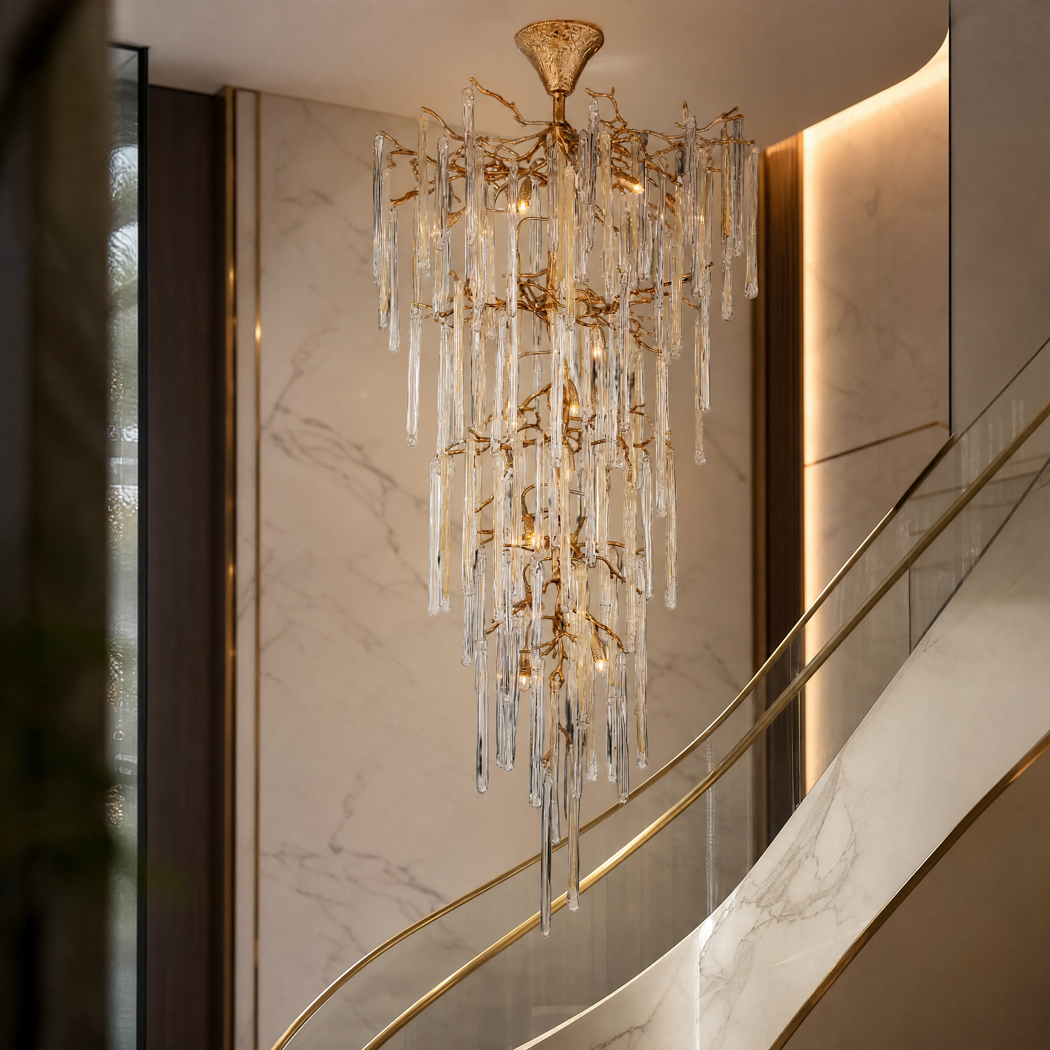 Close-up detail of VORELLI handblown glass icicles attached to a branching sculptural frame highlighting exquisite craftsmanship.