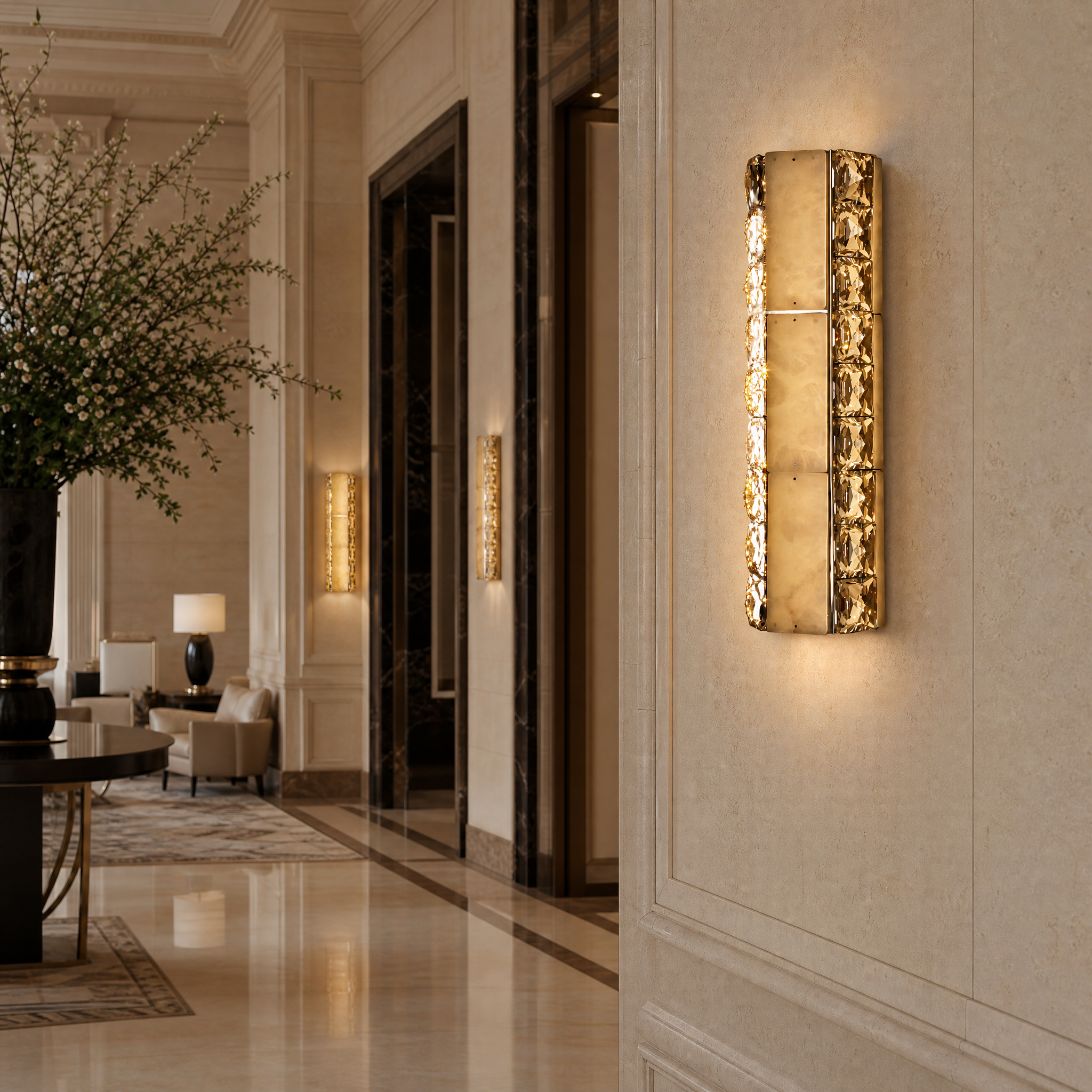 Sophisticated hospitality lighting featuring the Helios Marble Wall Light in a high-end boutique hotel lobby corridor.