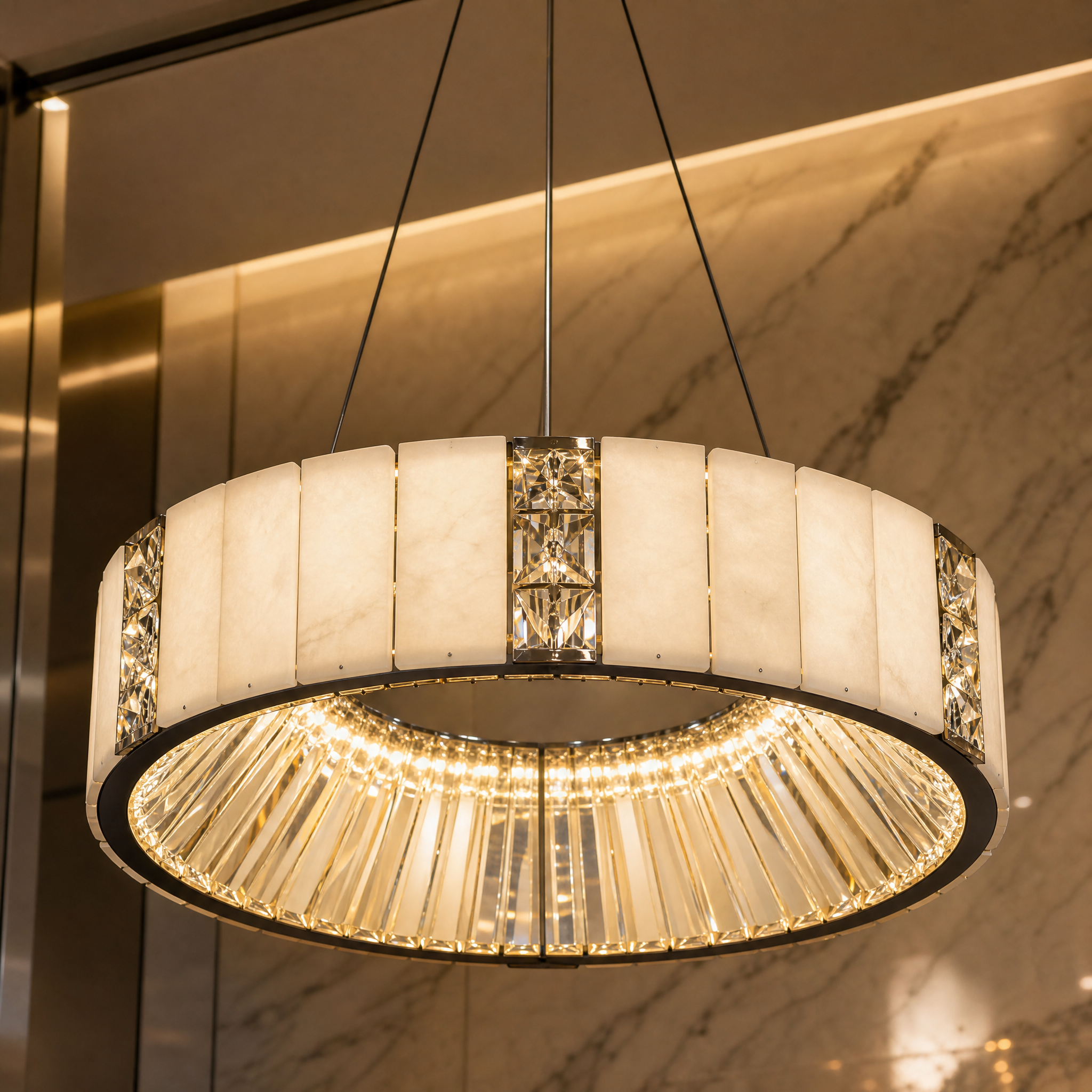 A detailed closeup of the VORELLI Helios Chandelier showcasing the smooth marble panels seamlessly integrated with sparkling diamond-cut crystals.