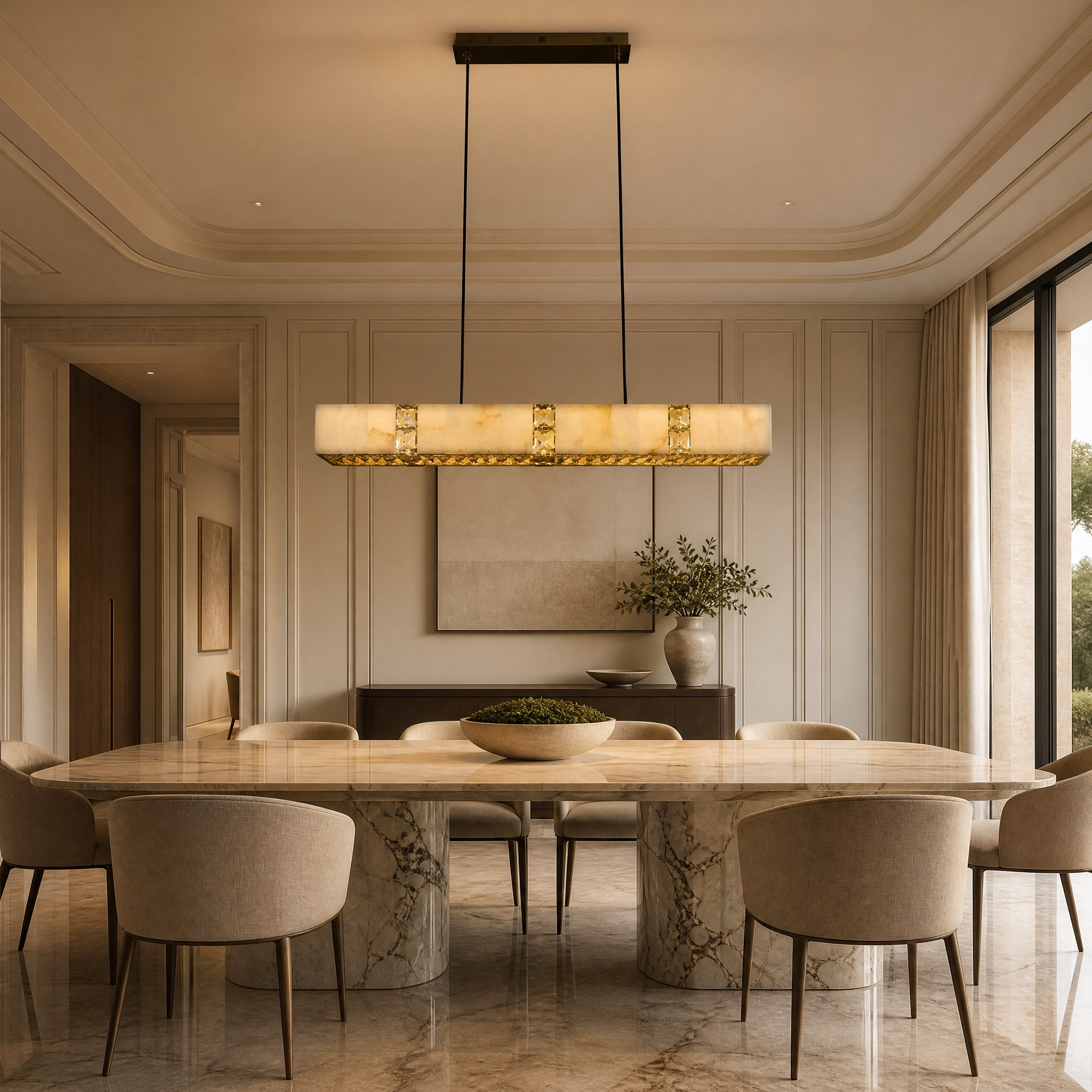 Helios Marble Rectangular Chandelier II suspended over a modern luxury dining table with warm ambient lighting