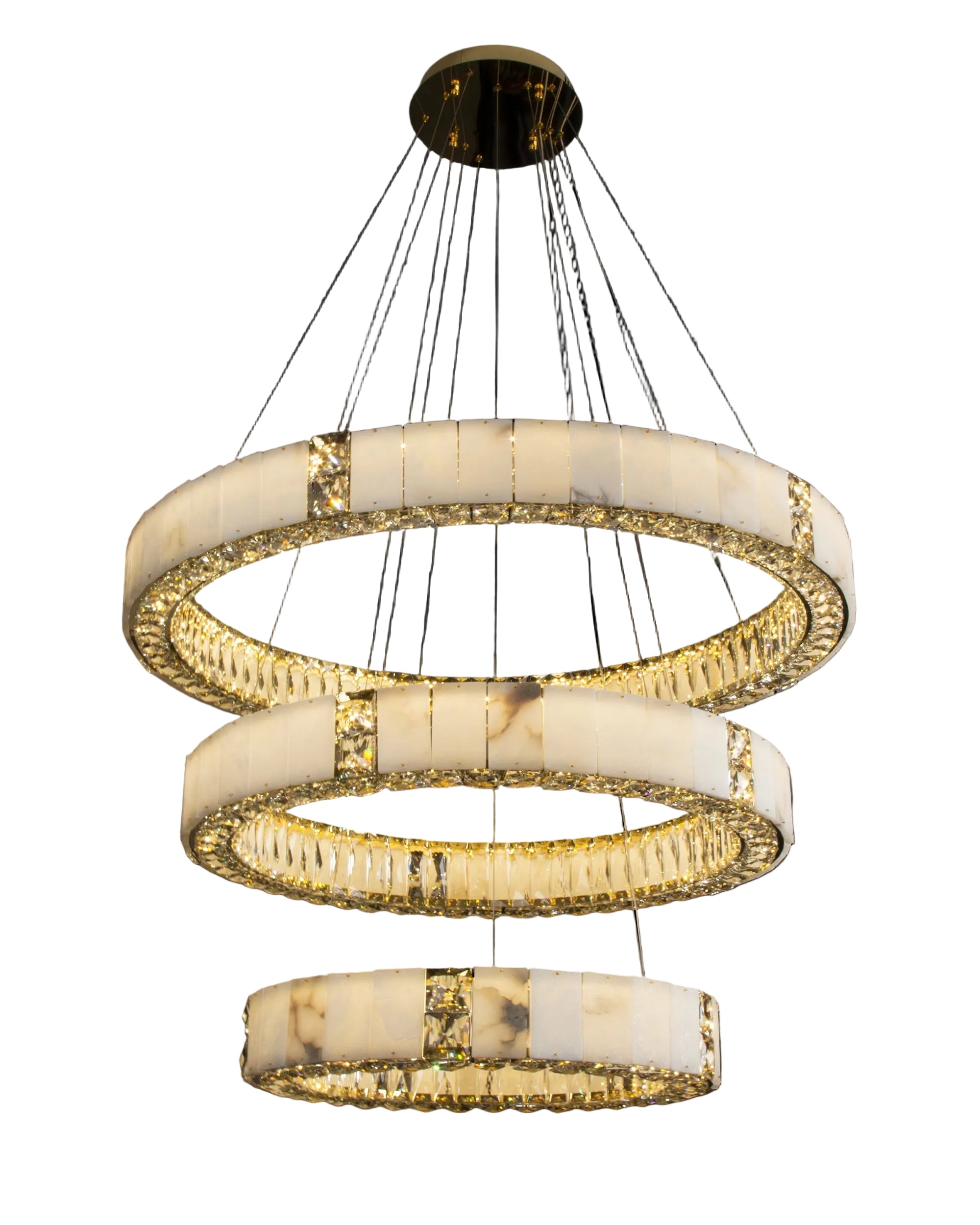 Helios Marble Trio Circular Chandelier featuring three luminous marble rings with faceted crystal detailing in a sculptural suspended form