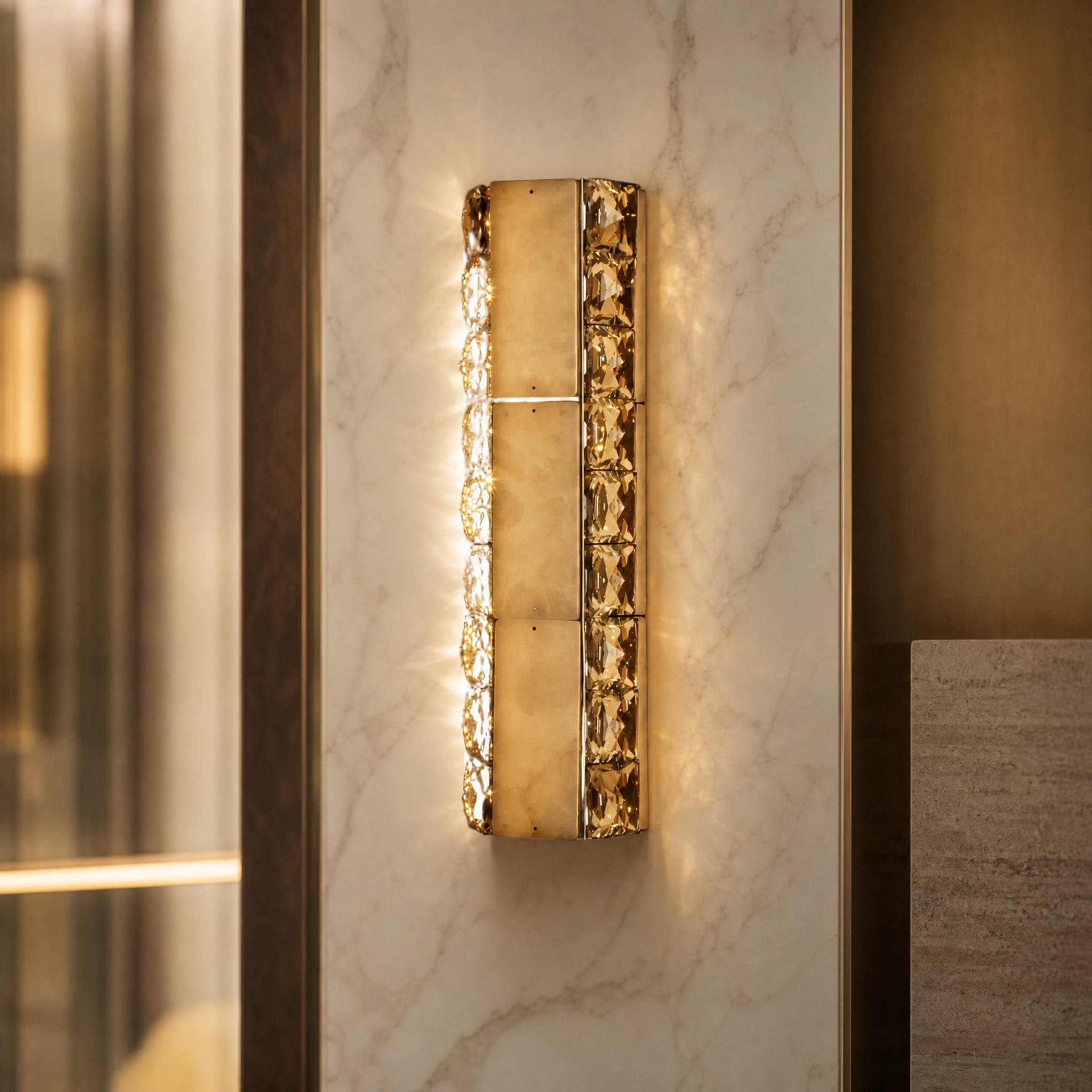 Macro closeup of the Helios Wall Light showcasing the smooth texture of the natural alabaster marble combined with faceted crystal details.