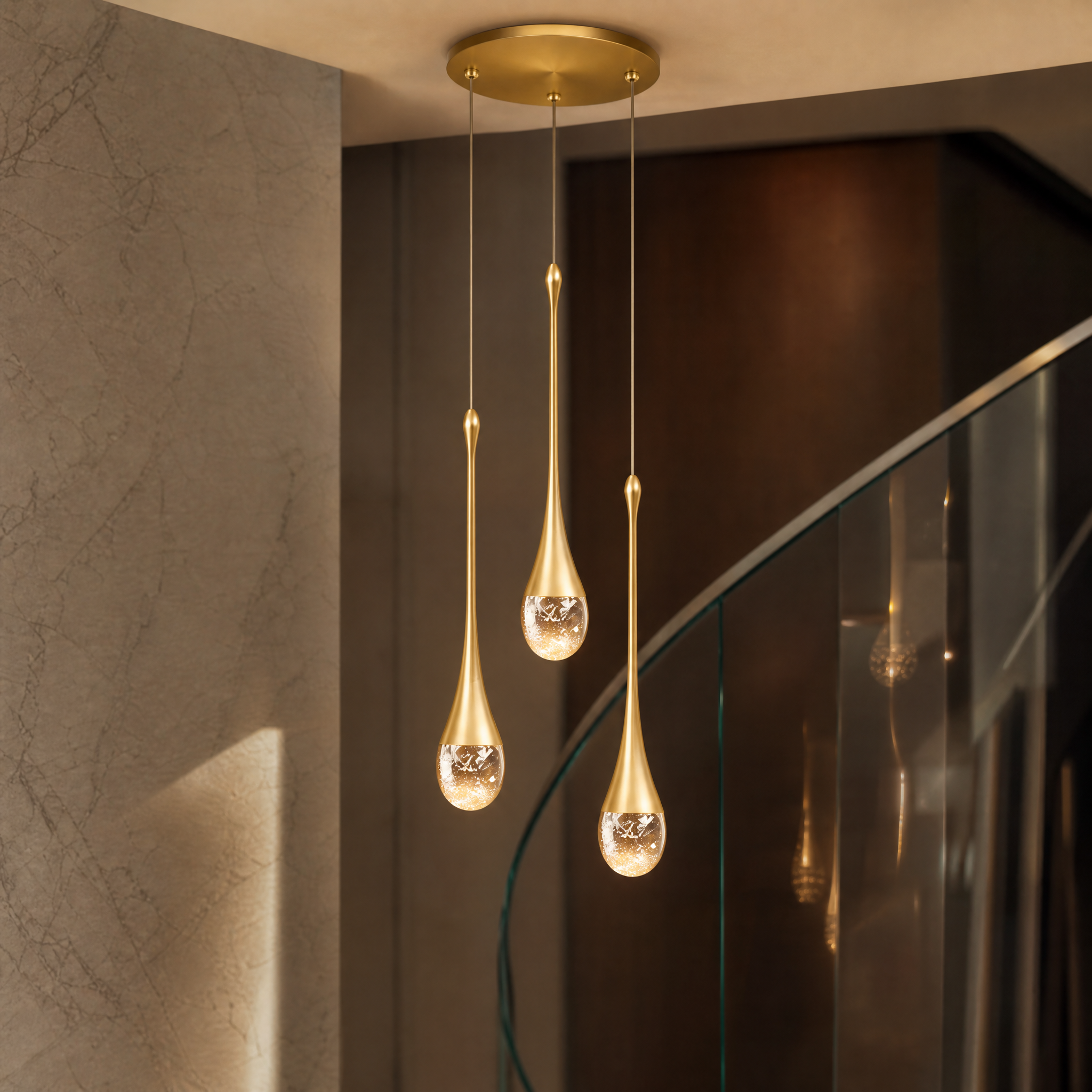 Close-up of the Henley chandelier featuring intricate bubble-effect glass and warm atmospheric lighting.