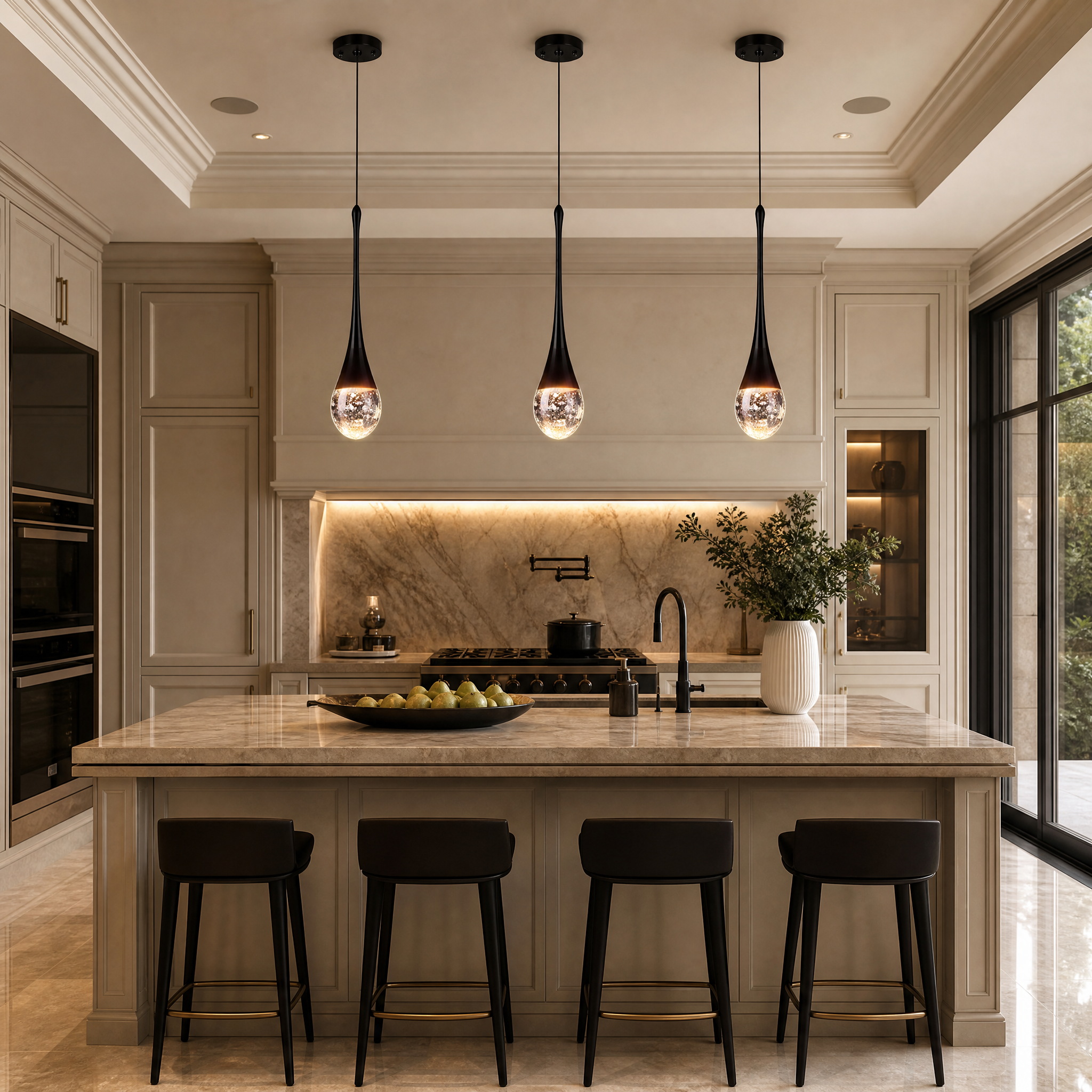A Henley pendant light with intricate bubble glass hanging over a contemporary kitchen island, casting a soft ambient glow.