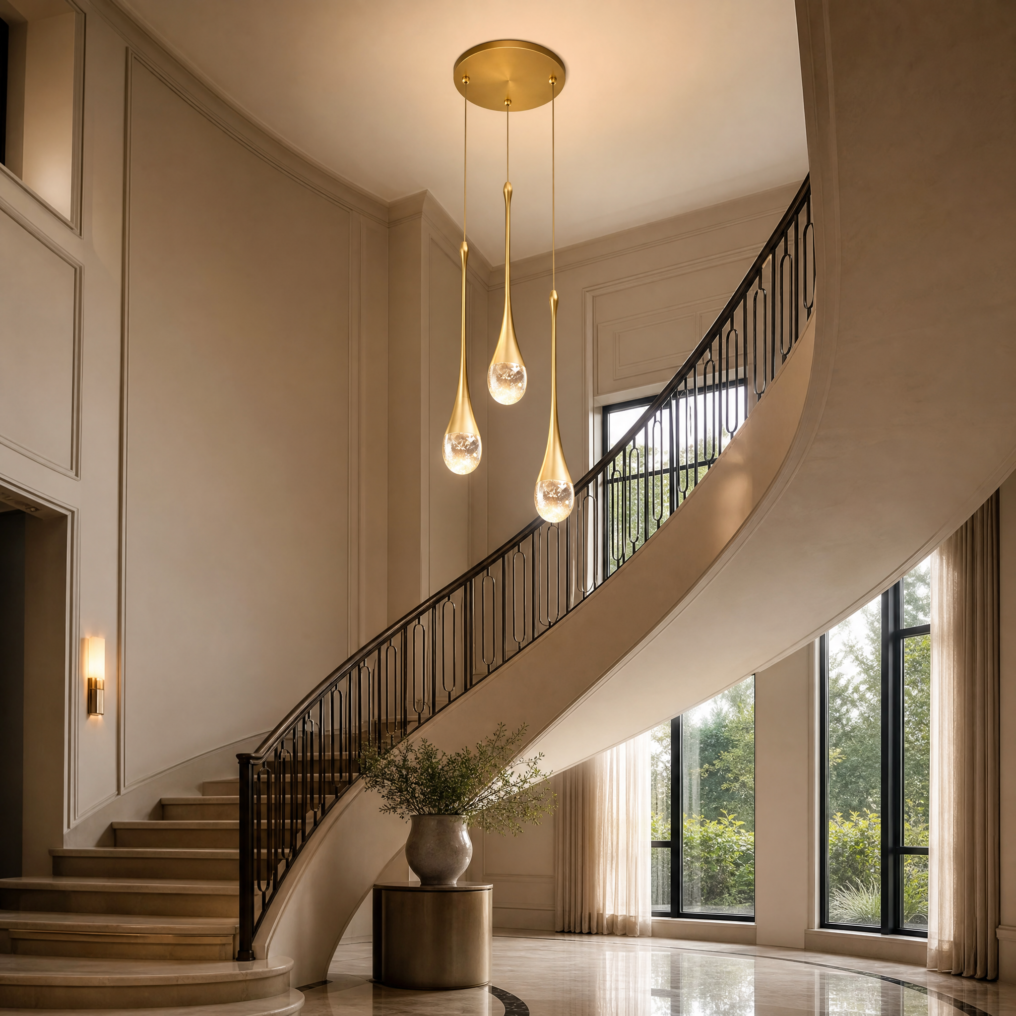 VORELLI Henley pendant staircase chandelier illuminating a luxurious residential foyer with bubble-effect glass.