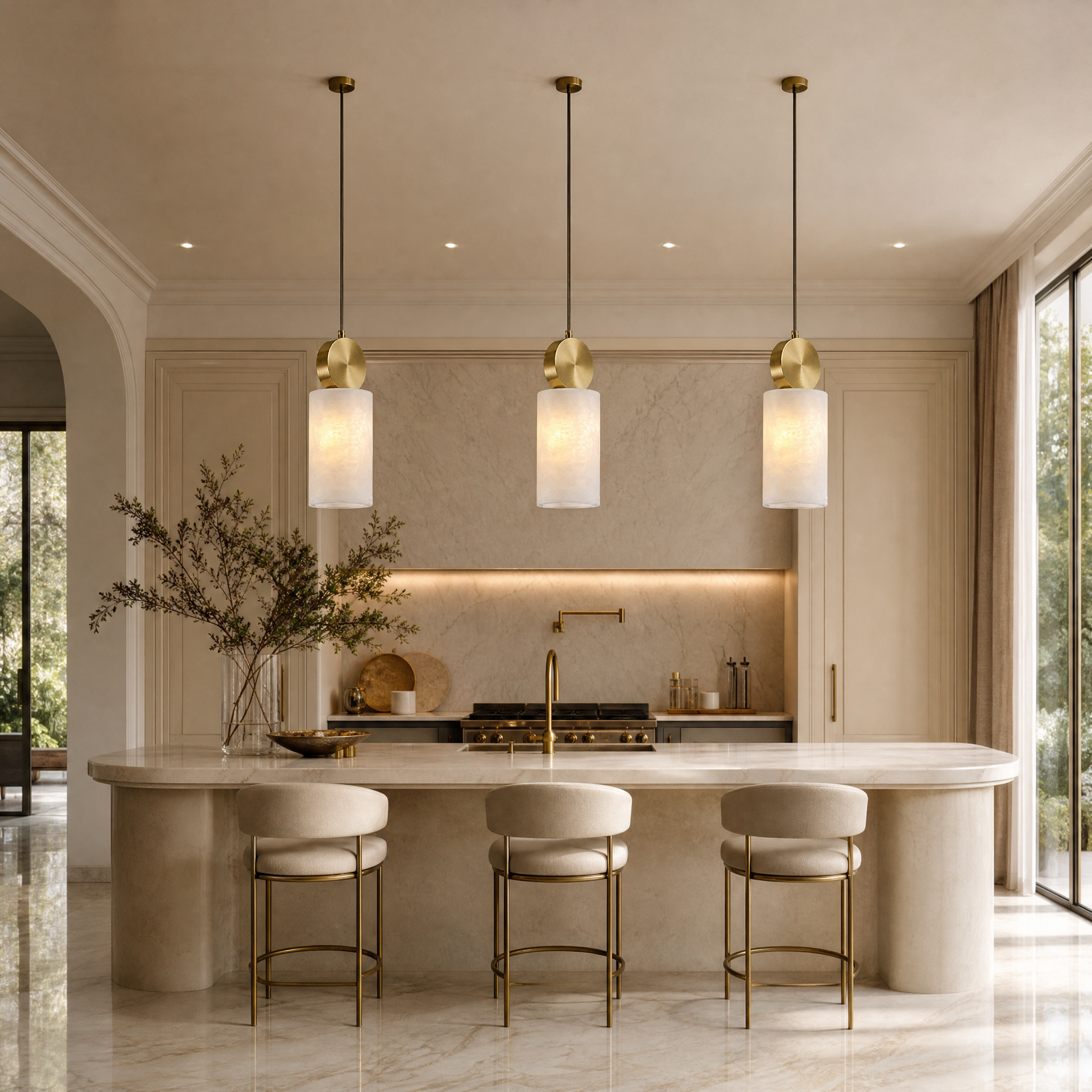 Hera marble pendant light with golden accent hanging in a sophisticated residential living room