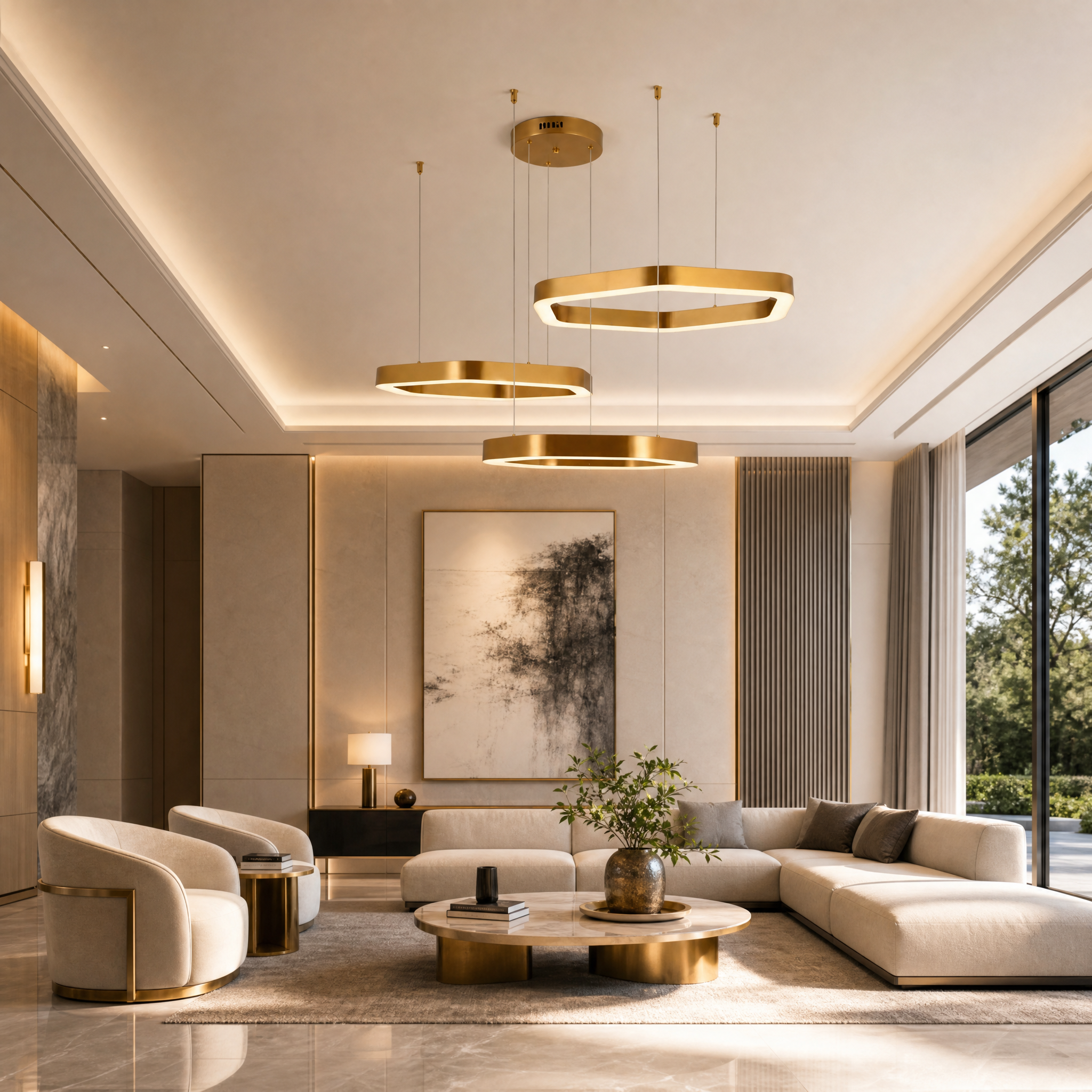 A VORELLI Hex Trio Circular Chandelier installed in a modern luxury residential living room featuring a triple-tier geometric design.