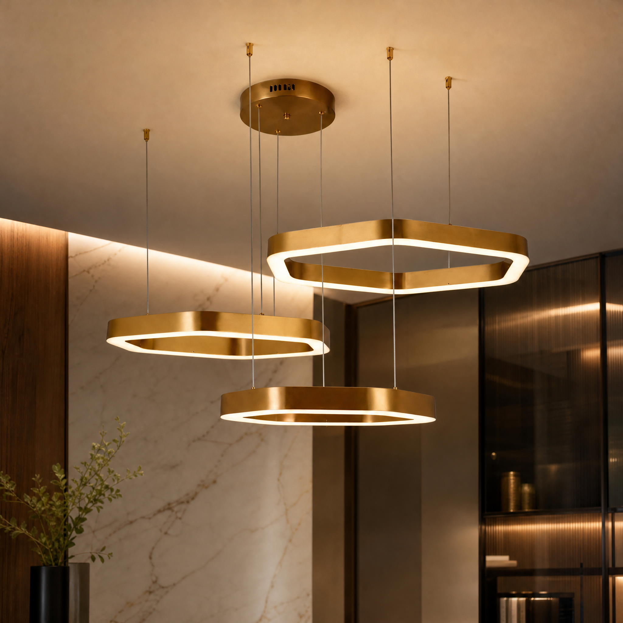 Close-up detail shot of the VORELLI Hex Trio Circular Chandelier showcasing the high-quality craftsmanship of its curved hexagonal frames.
