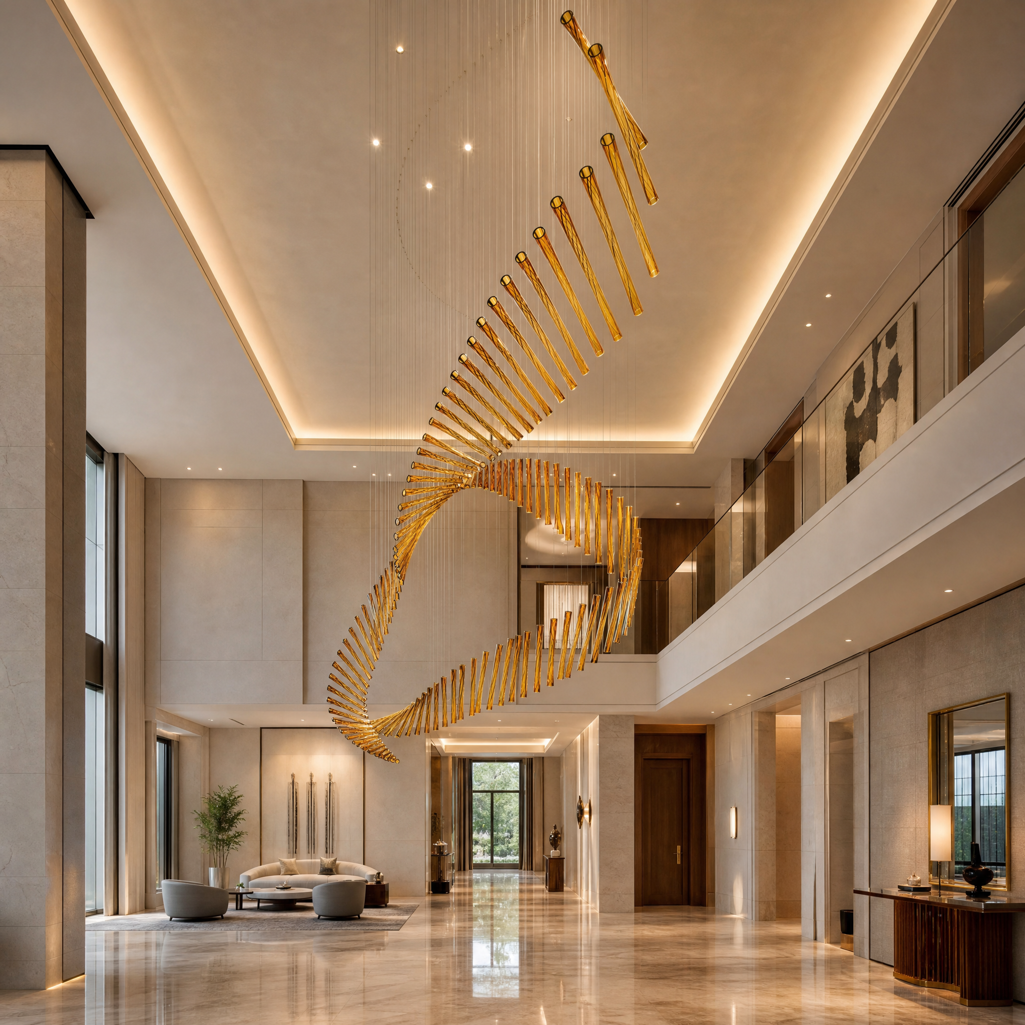 VORELLI custom hollow amber glass tube installation creating a warm focal point in a luxury residential living room