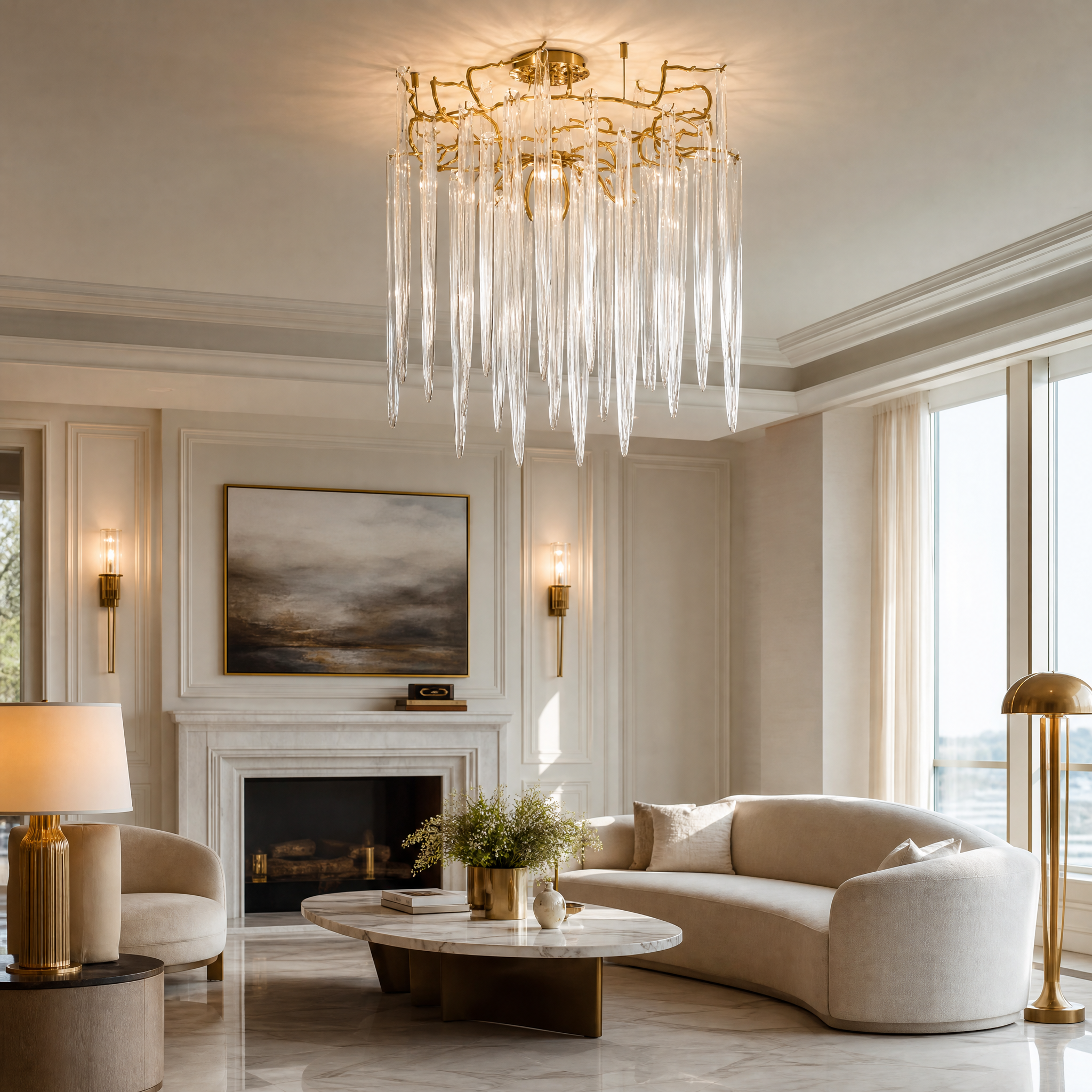 VORELLI Icicle Ceiling Light II installed in a modern residential living space, showcasing cascading glass drops and soft ambient glow.
