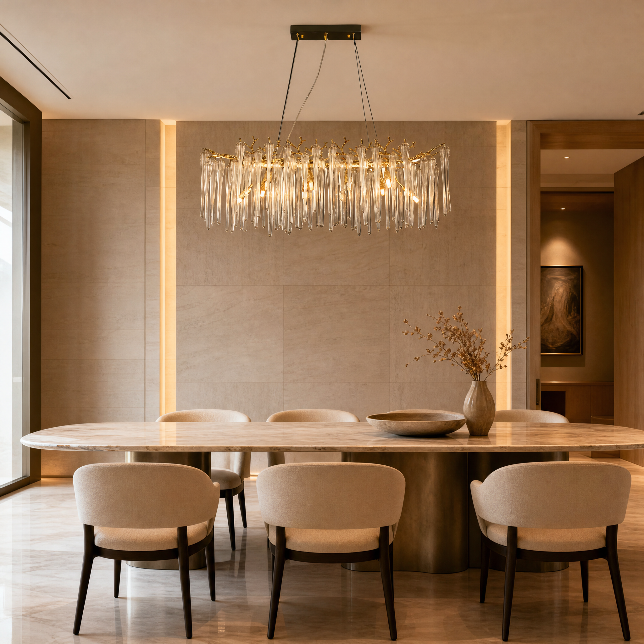 Icicle Rectangular Chandelier III suspended above a modern dining table in a luxury residential interior