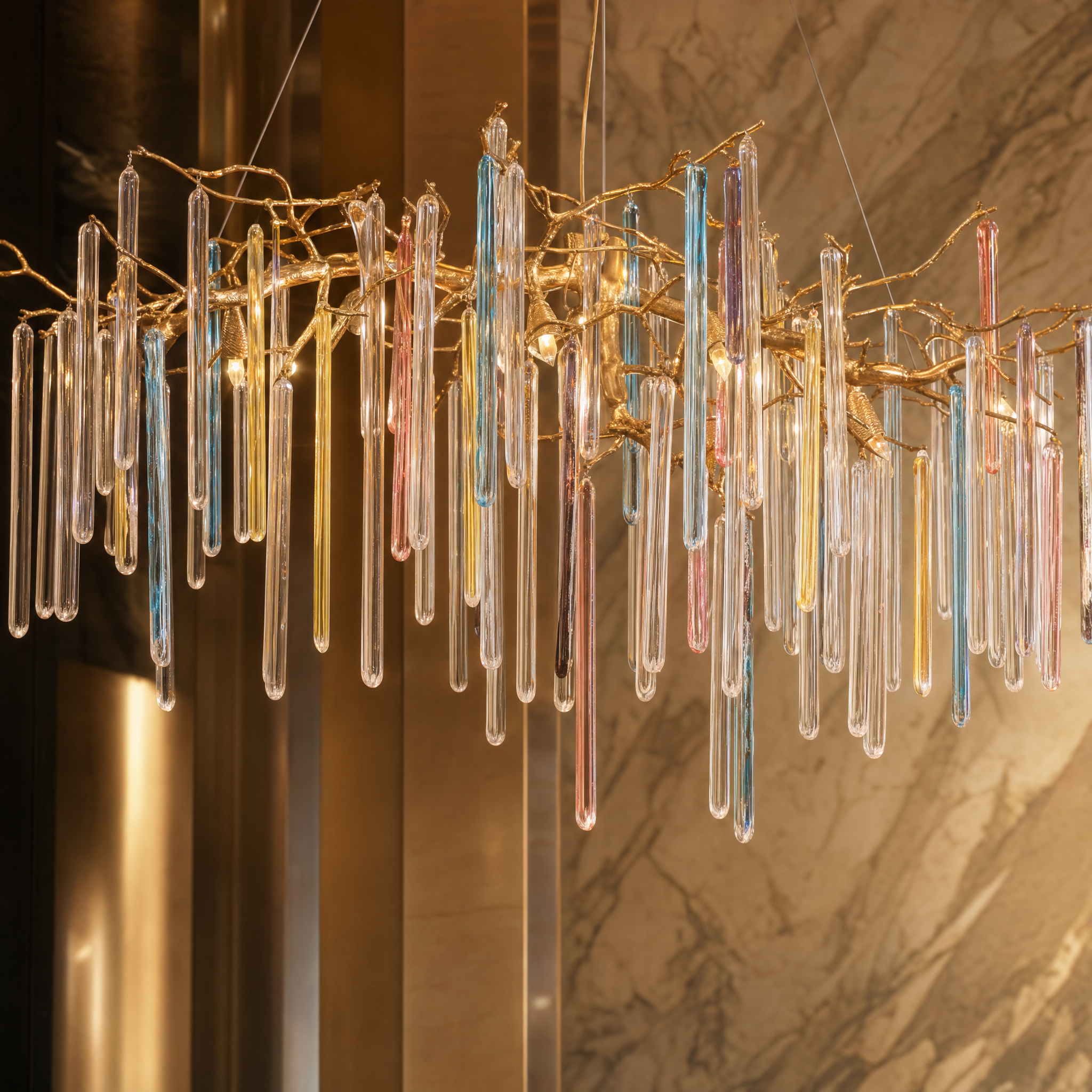 Close up view of the organic branch structure and artisanal hand-blown glass prisms of the Icicle Rectangular Chandelier II.