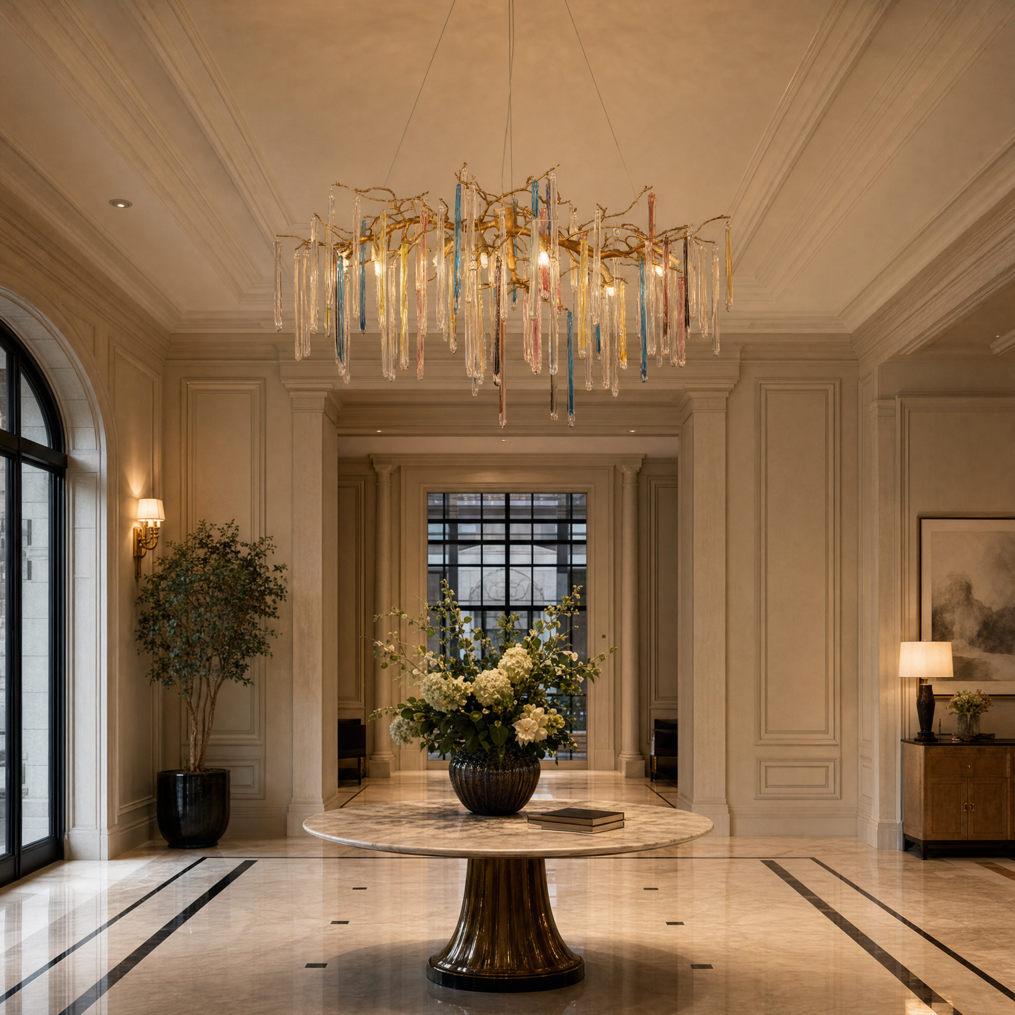 Statement Icicle Rectangular Chandelier II centerpiece in an upscale commercial interior space.