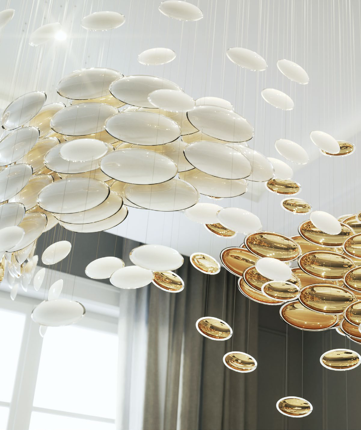 Illuminated Vorelli Orbital Motion sculptural chandelier in a minimalist architectural space, casting dramatic layered light patterns.