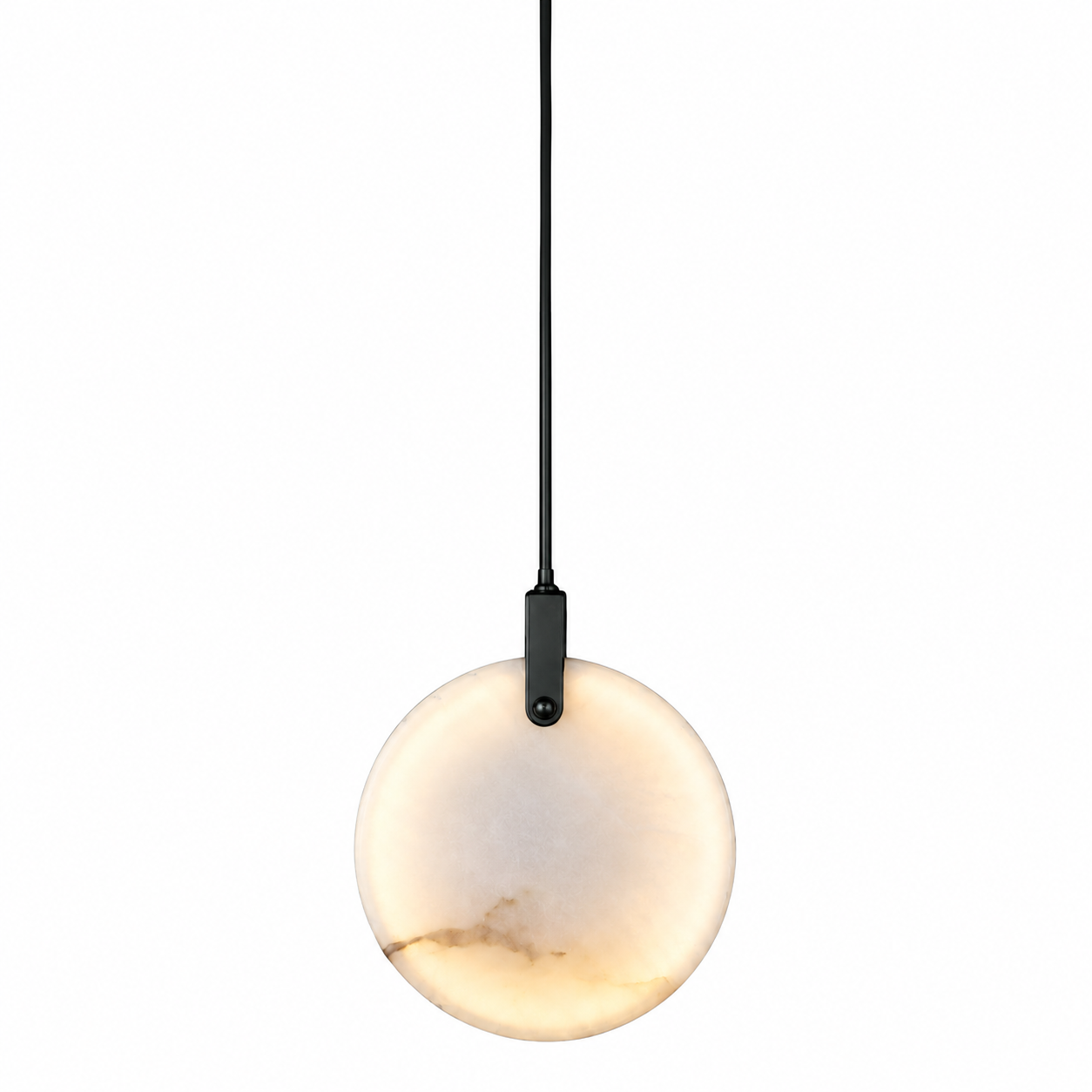 Intimate detailing of the brushed metallic accents paired with the natural stone of the VORELLI luxury marble pendant fixture.