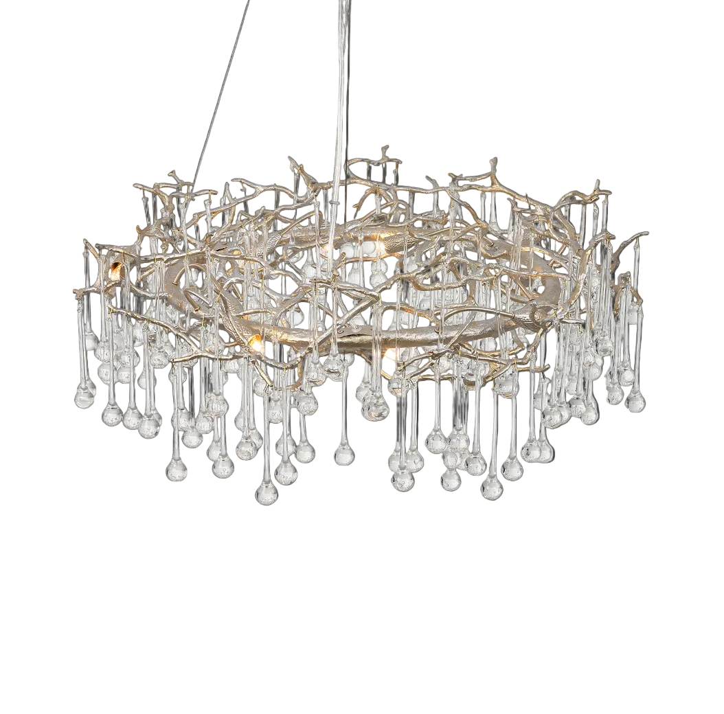 Intricate details of the VORELLI L’Albero d’Oro circular chandelier, highlighting the artistic craftsmanship of its flowing metal branches and delicate glass droplets.