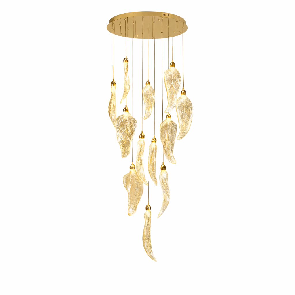 Intricate leaf pendants of the Vorelli Ottobre chandelier cascading in a mesmerizing free-fall design, showcasing meticulous autumn-inspired craftsmanship in a luxury interior.