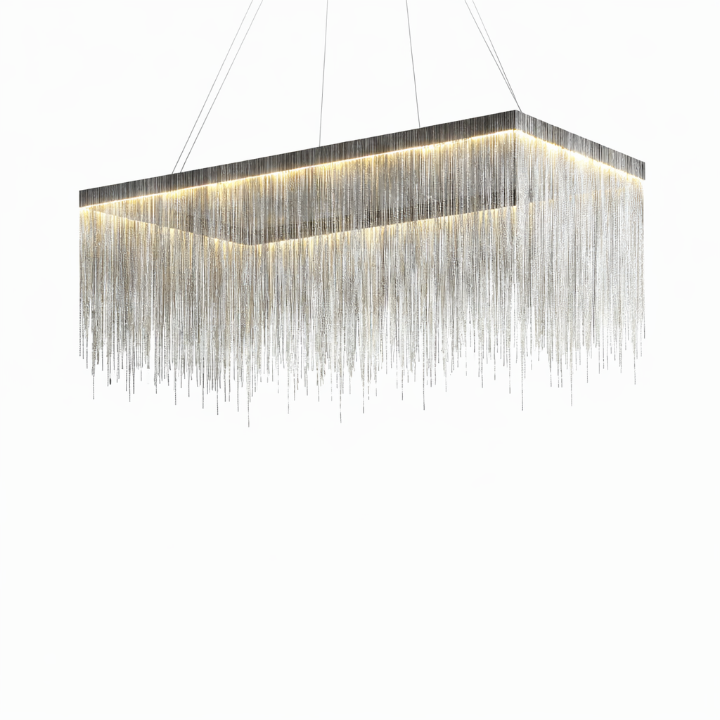 Intricate textures and shadows created by the premium metal chains of the VORELLI Adlington contemporary dining chandelier.