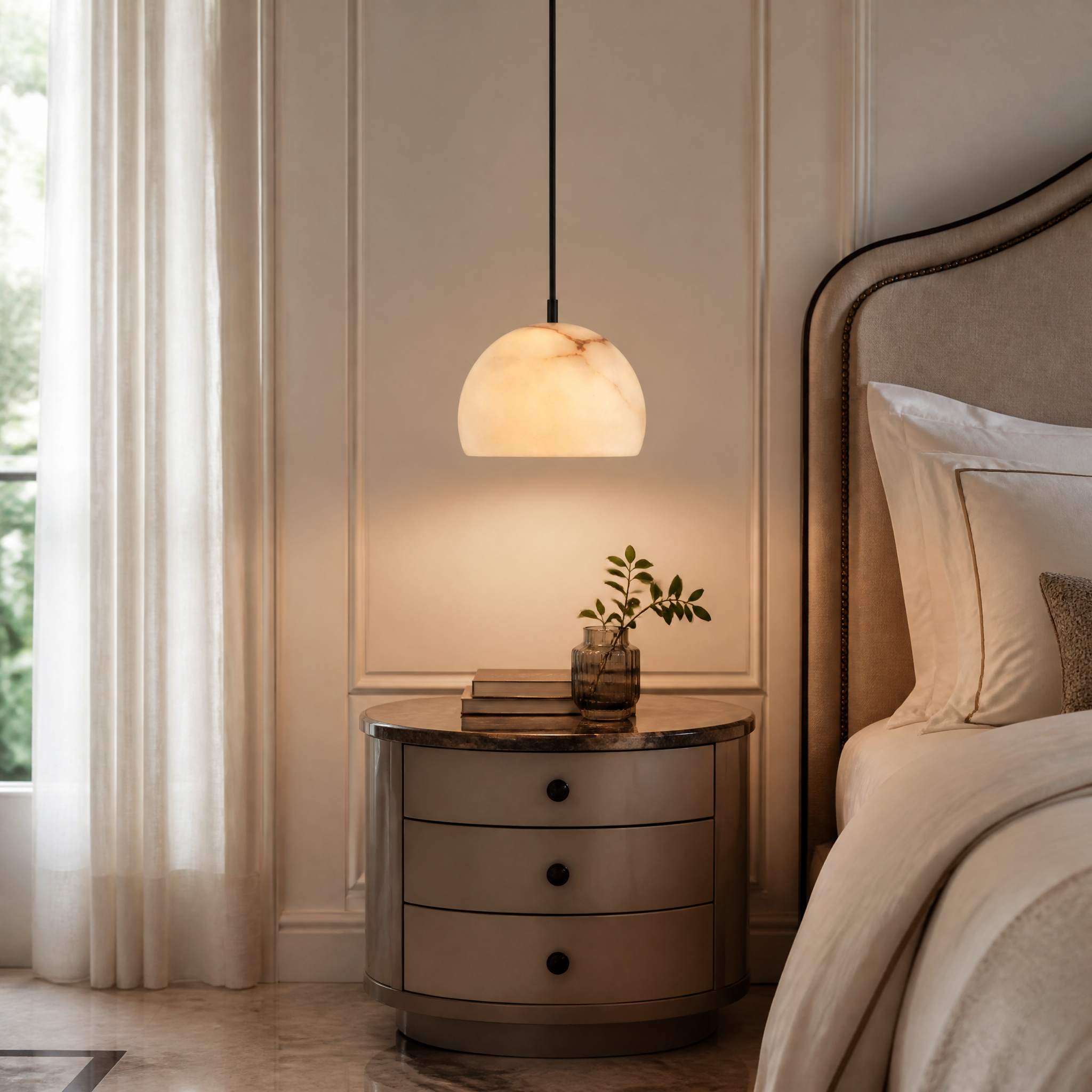 Iris marble pendant light illuminating a modern residential dining space with soft ambient lighting.