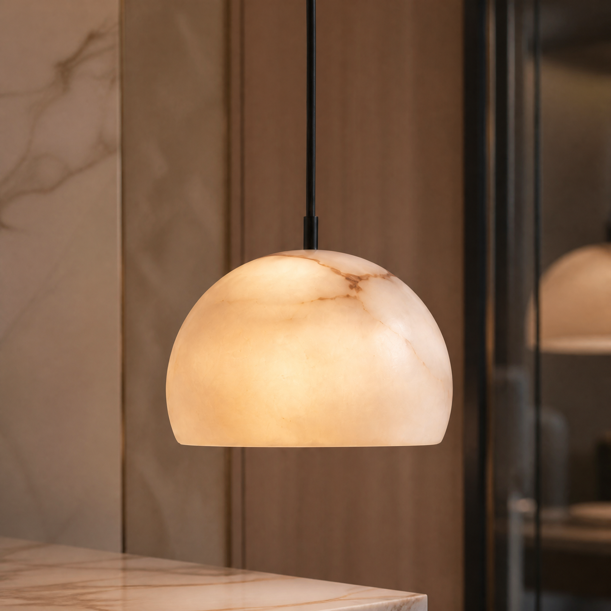 Close-up view of the natural veining and premium marble finish on the VORELLI Iris pendant light.