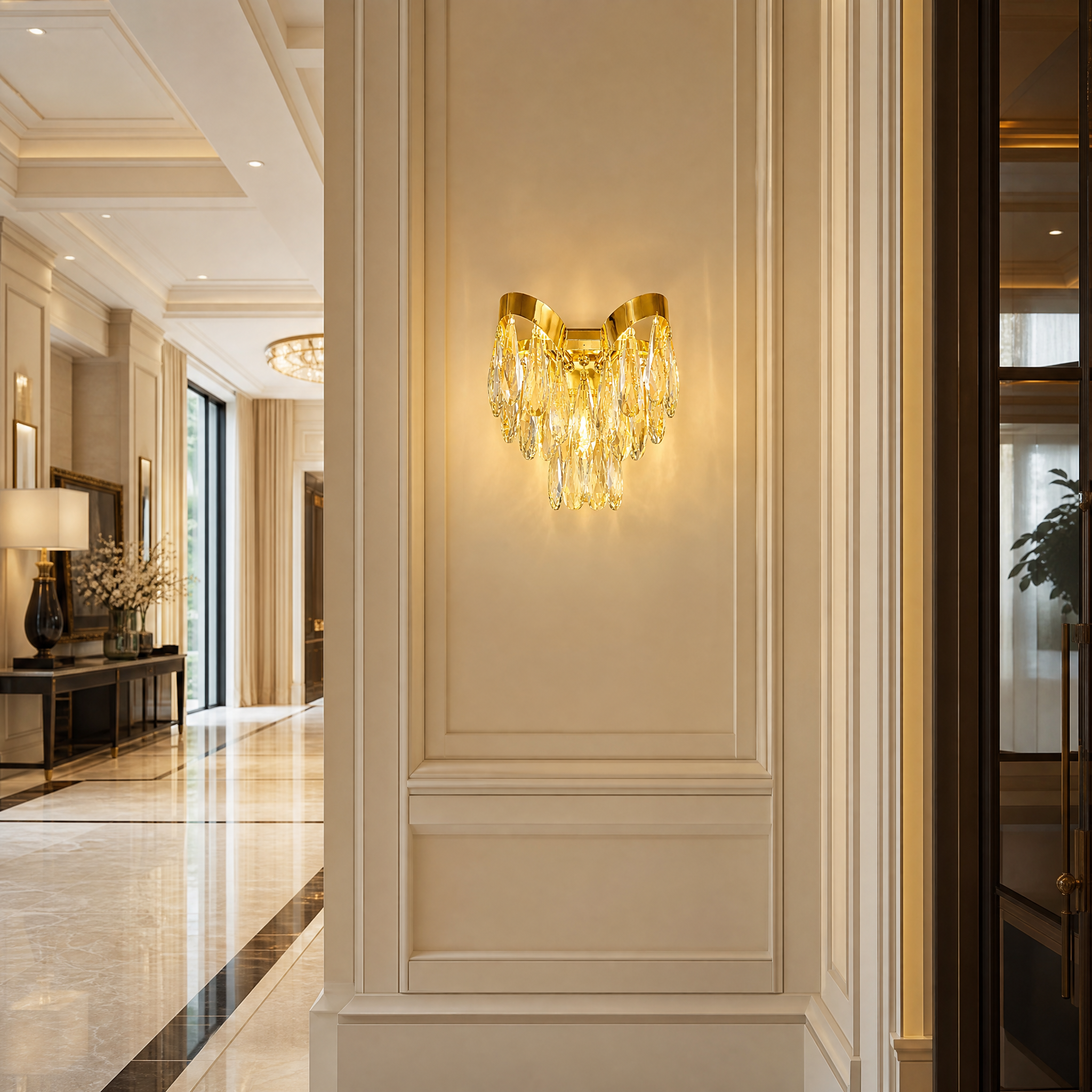 A pair of VORELLI Isso Wall Lights installed in a luxury hotel lobby, highlighting the artistic curvy frame and upscale ambiance.