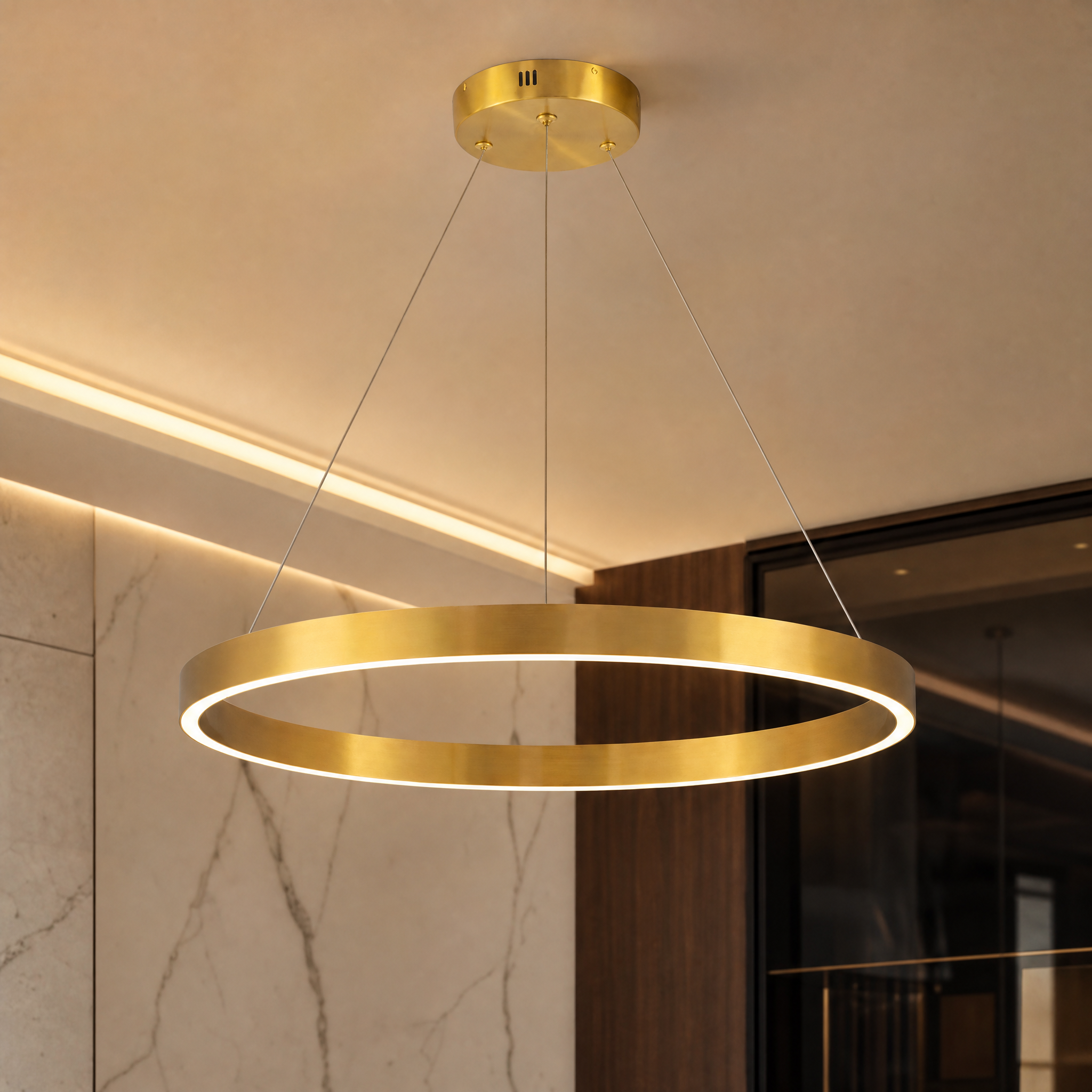Detailed closeup of the VORELLI Jobson ring chandelier showcasing the sleek metal finish and refined contemporary craftsmanship.