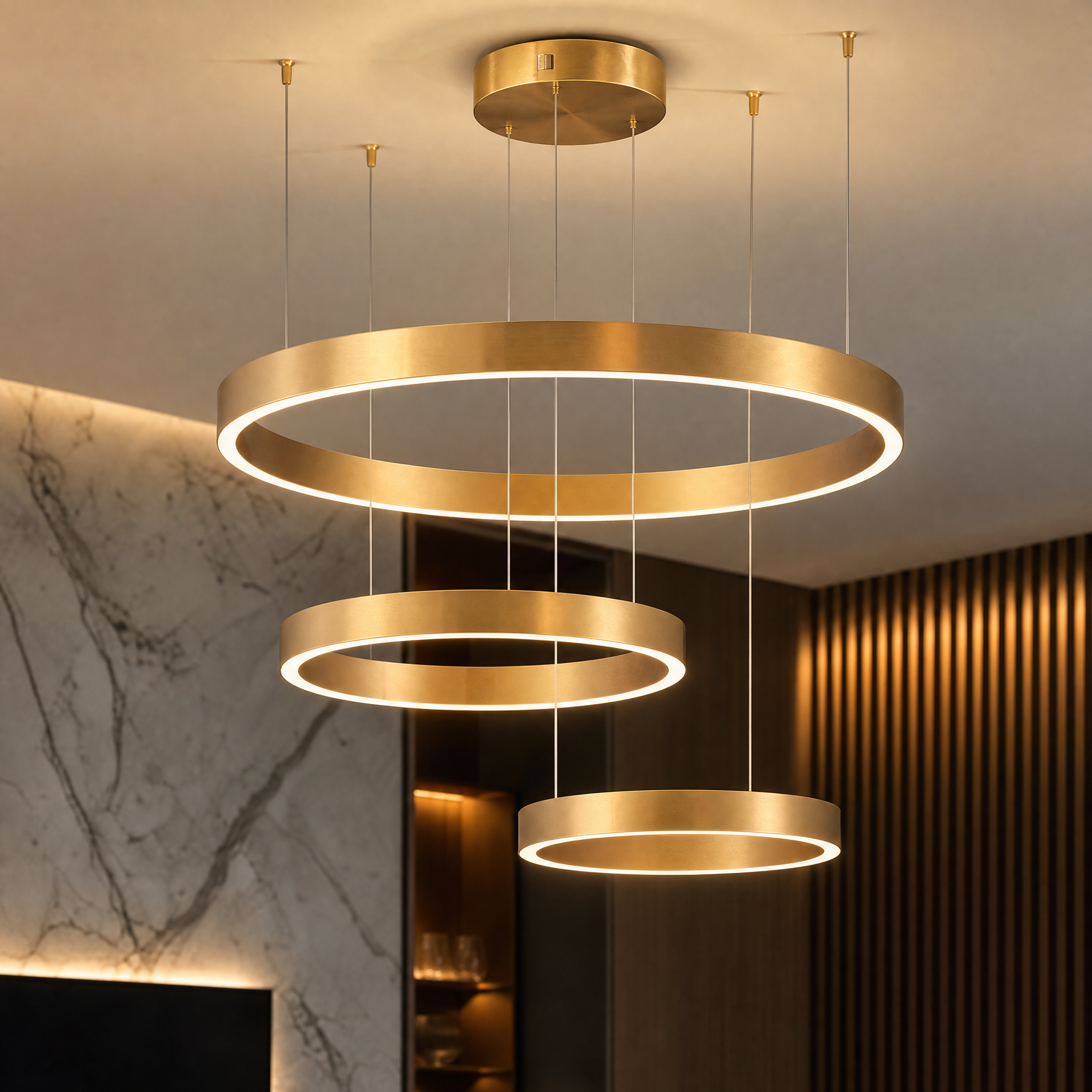 Close-up of the premium metal finish and sleek profile of the Jobson Trio Circular Chandelier
