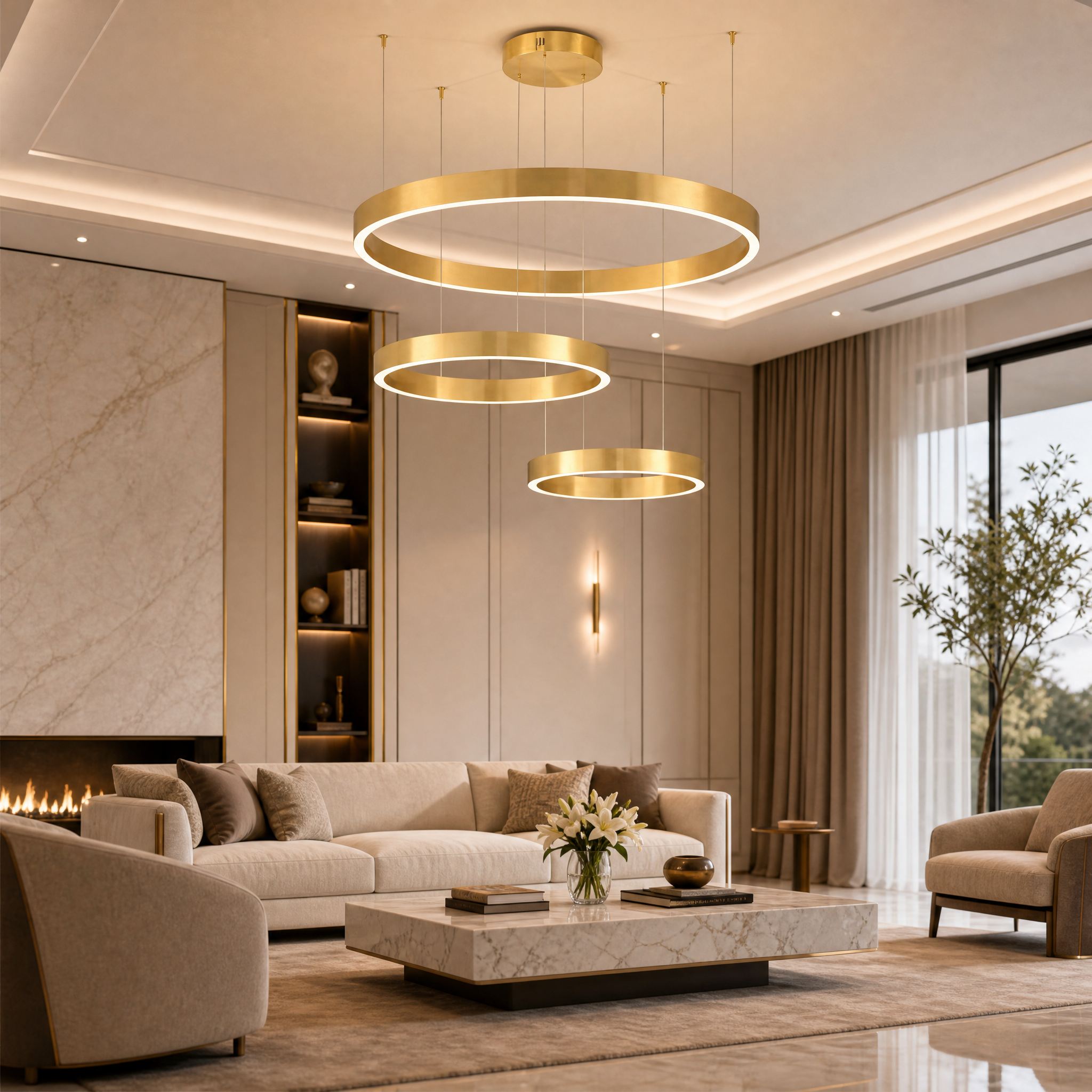 VORELLI Jobson Trio Circular Chandelier suspended in a modern luxury residential living room